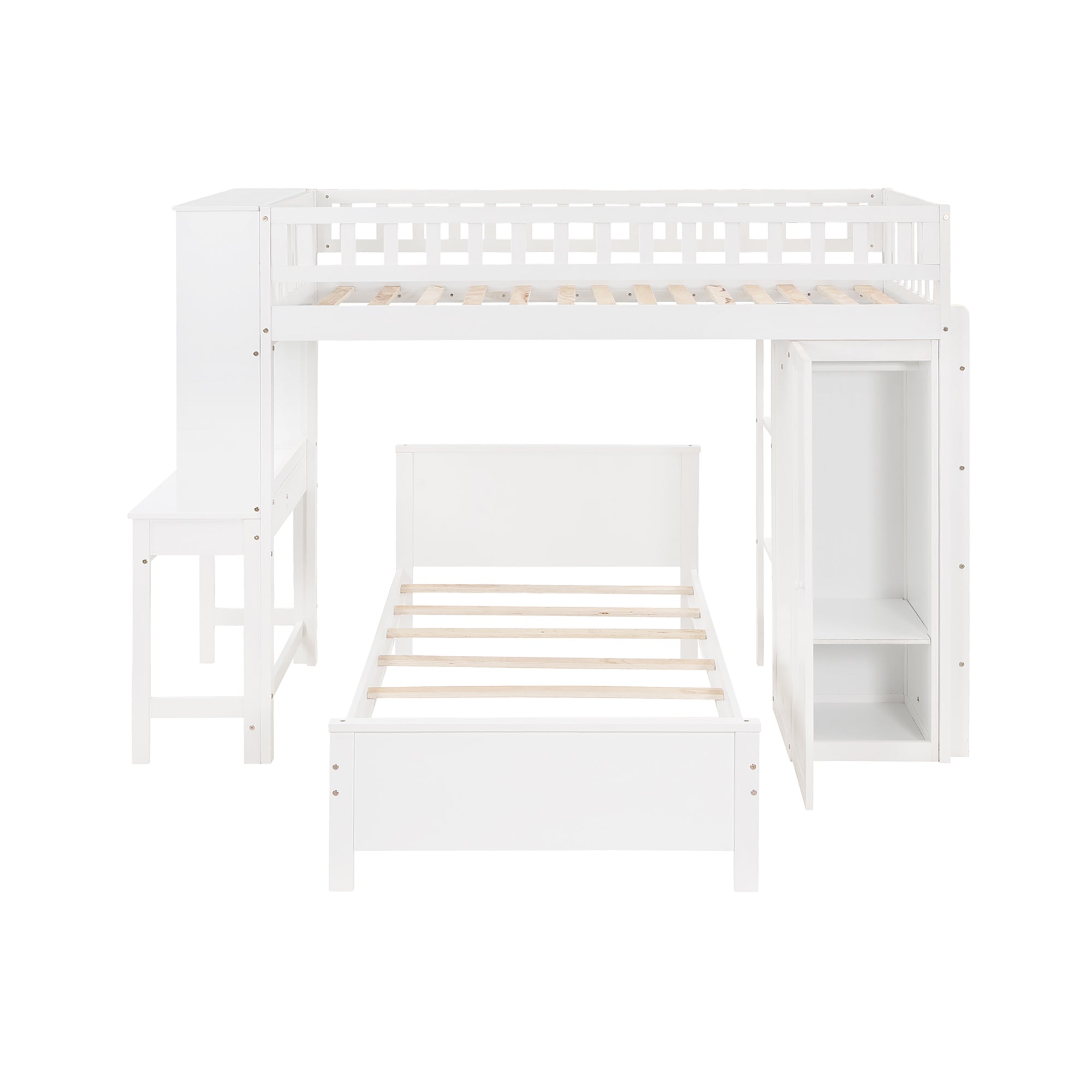 Twin Size Loft Bed with Closet and Desk and Extra Bottom Twin Bed- White_14