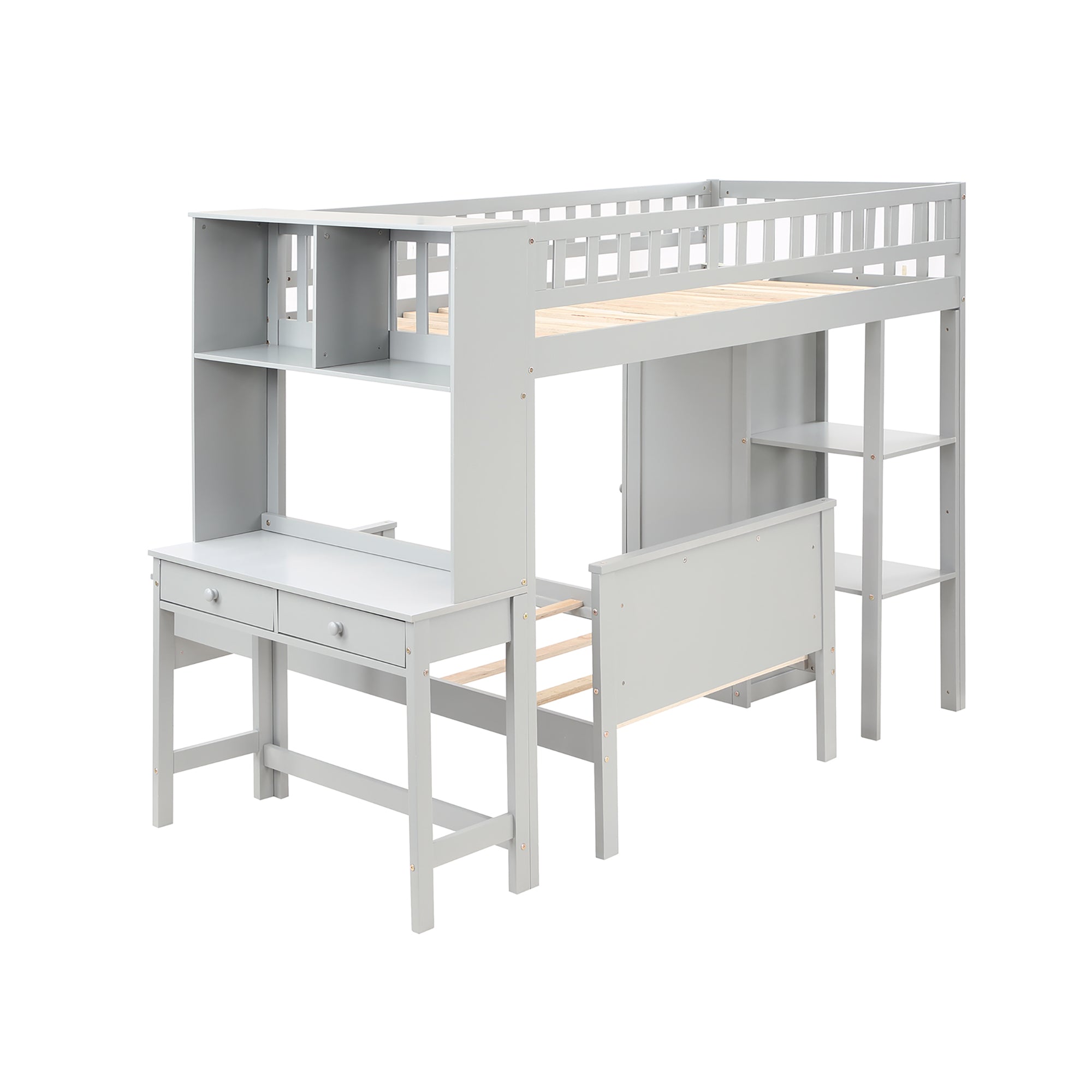 Twin Size Loft Bed with Closet and Desk and Extra Bottom Twin Bed- Grey_15
