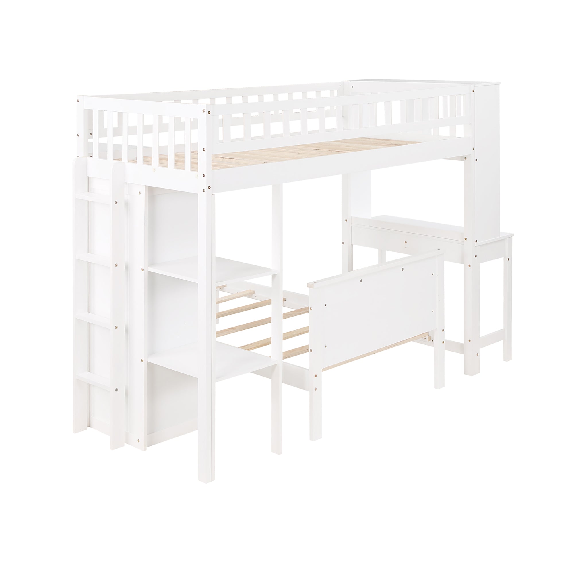 Twin Size Loft Bed with Closet and Desk and Extra Bottom Twin Bed- White_17