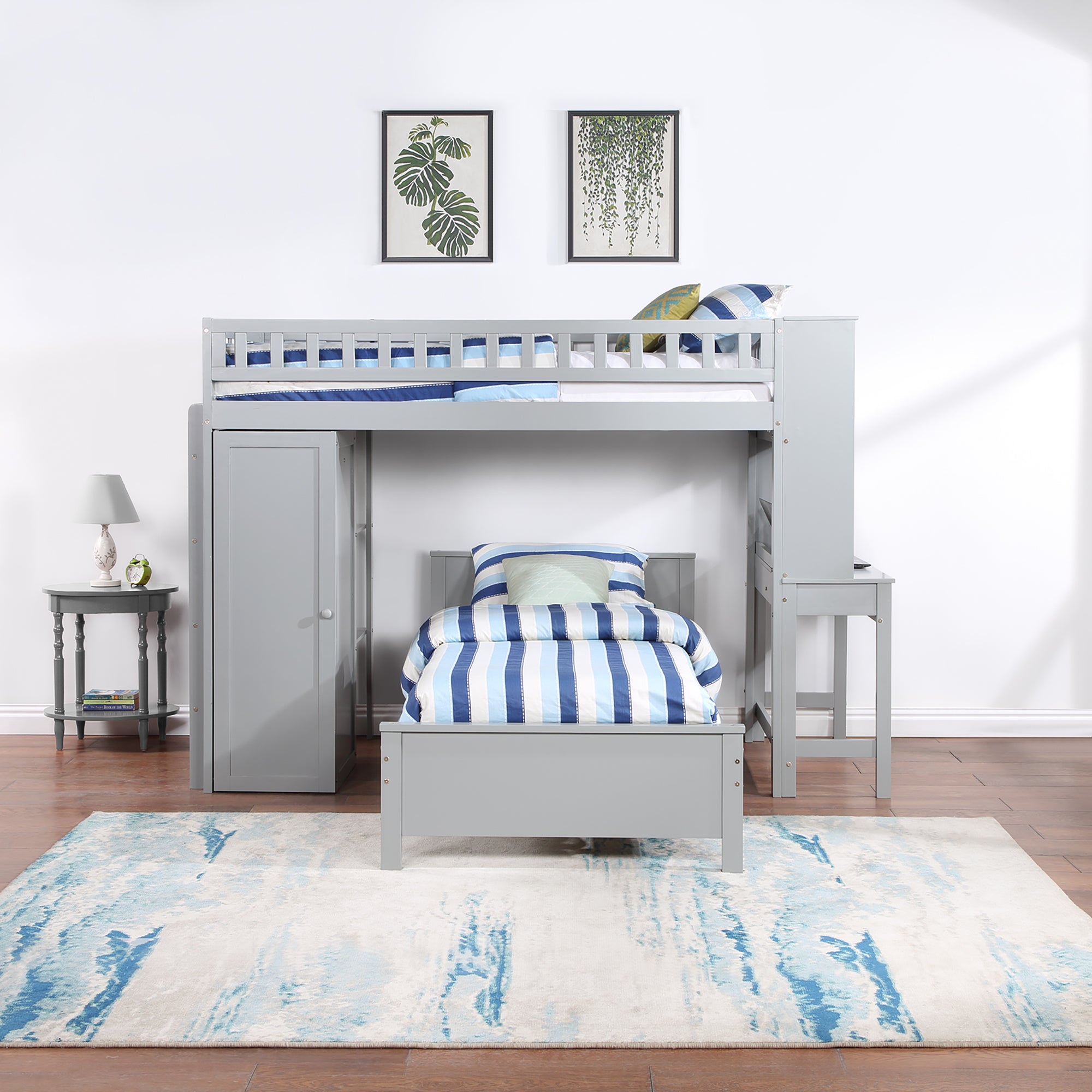 Twin Size Loft Bed with Closet and Desk and Extra Bottom Twin Bed- Grey_4