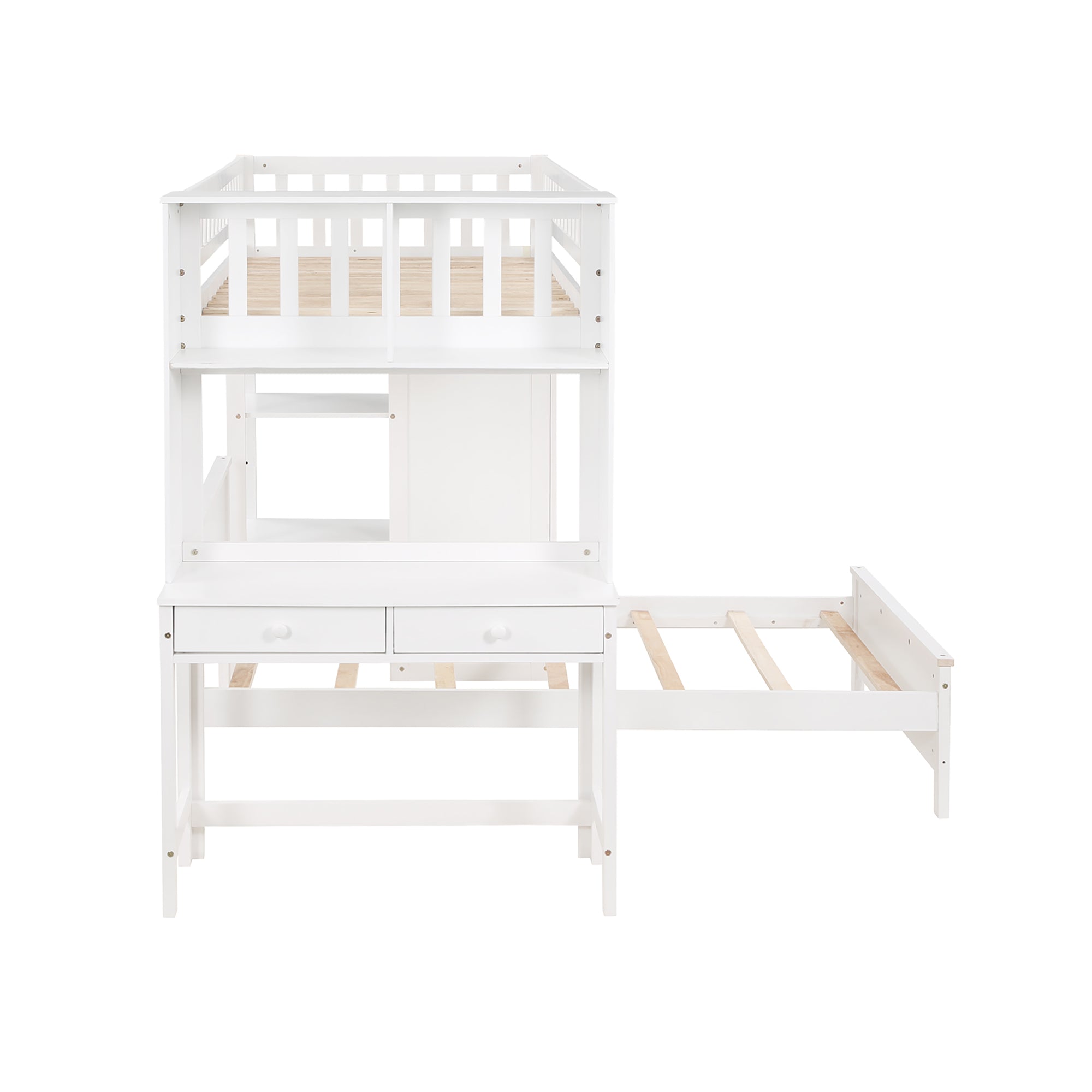 Twin Size Loft Bed with Closet and Desk and Extra Bottom Twin Bed- White_15