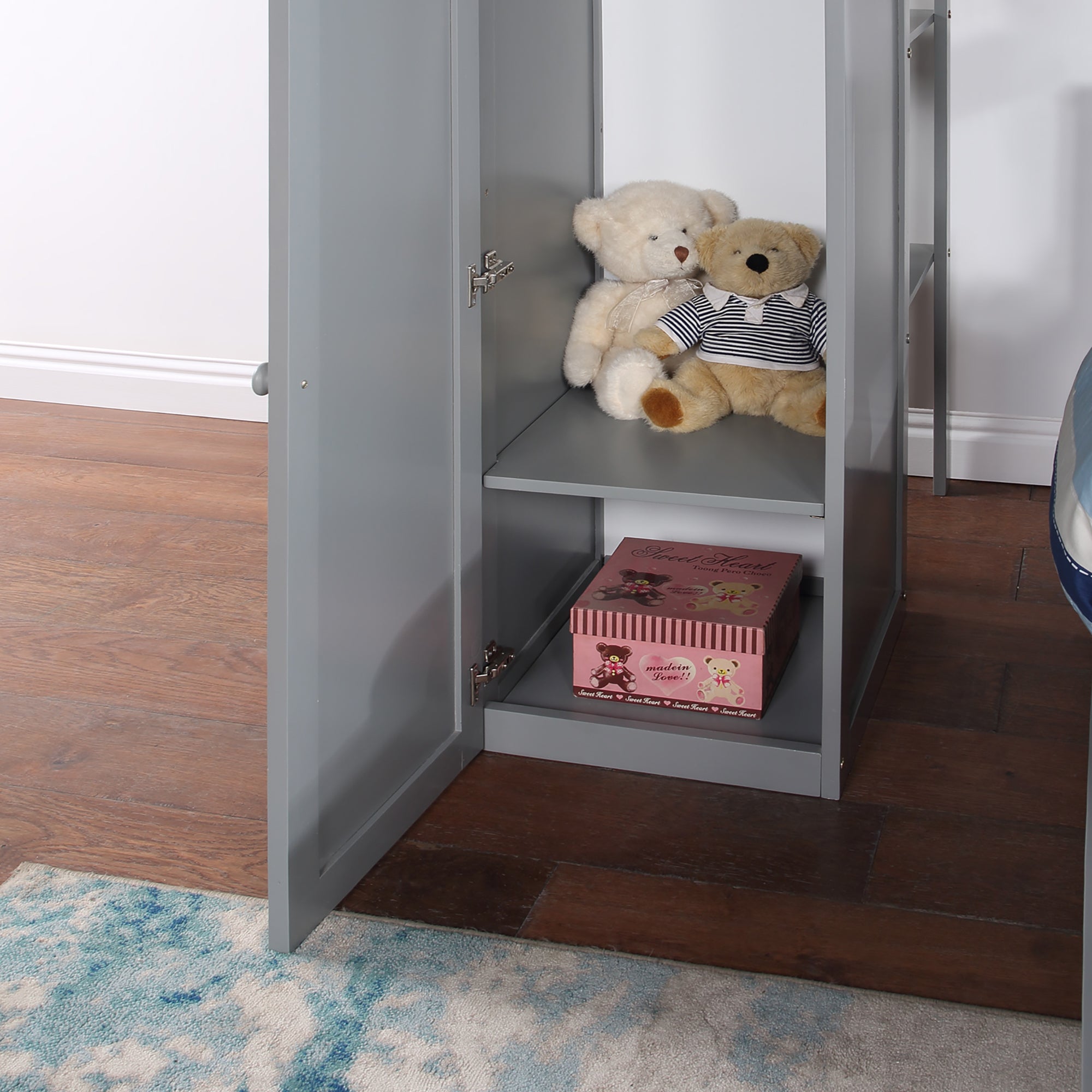 Twin Size Loft Bed with Closet and Desk and Extra Bottom Twin Bed- Grey_7