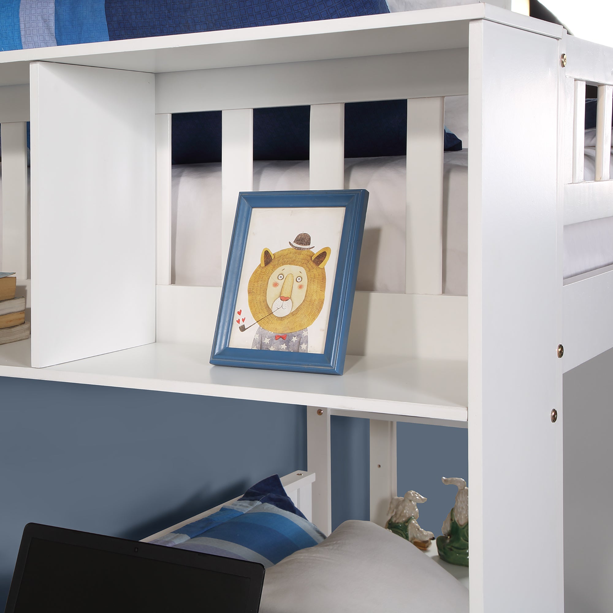 Twin Size Loft Bed with Closet and Desk and Extra Bottom Twin Bed- White_9