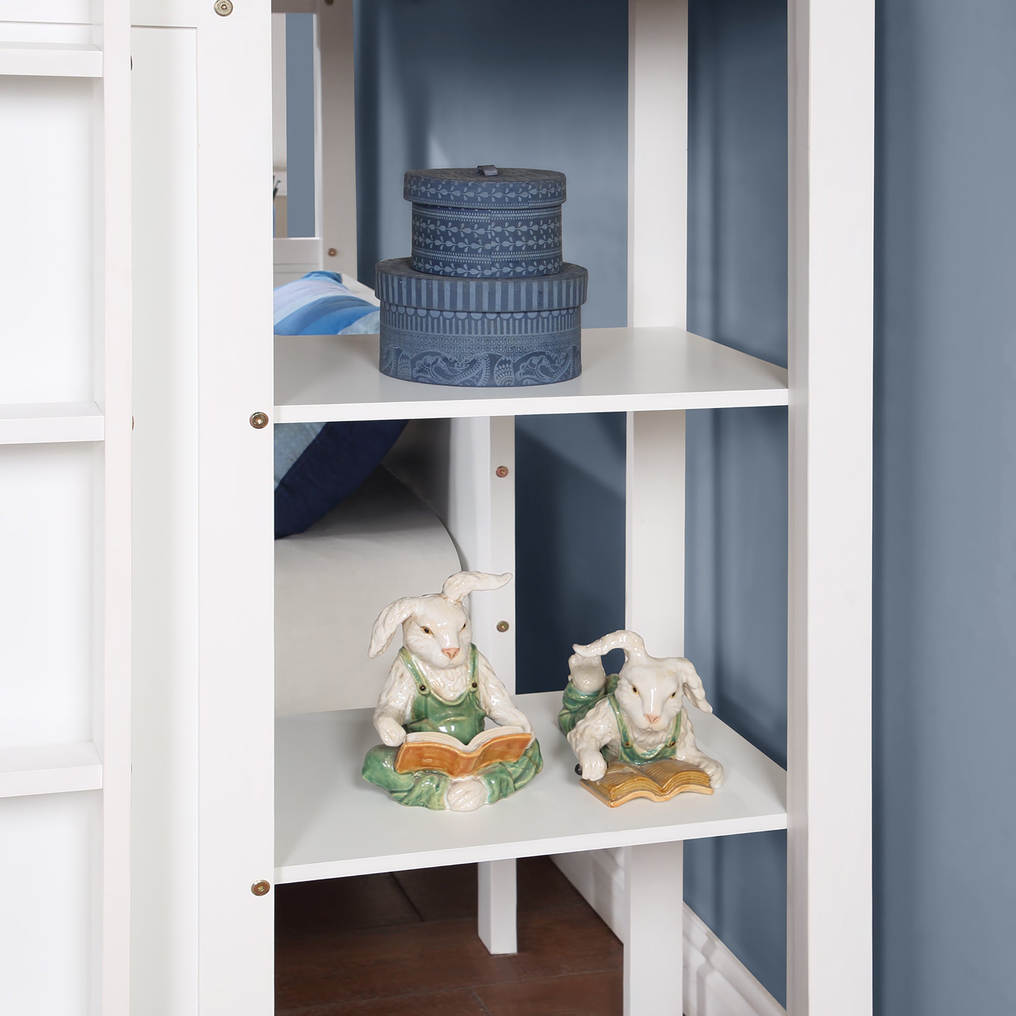 Twin Size Loft Bed with Closet and Desk and Extra Bottom Twin Bed- White_6