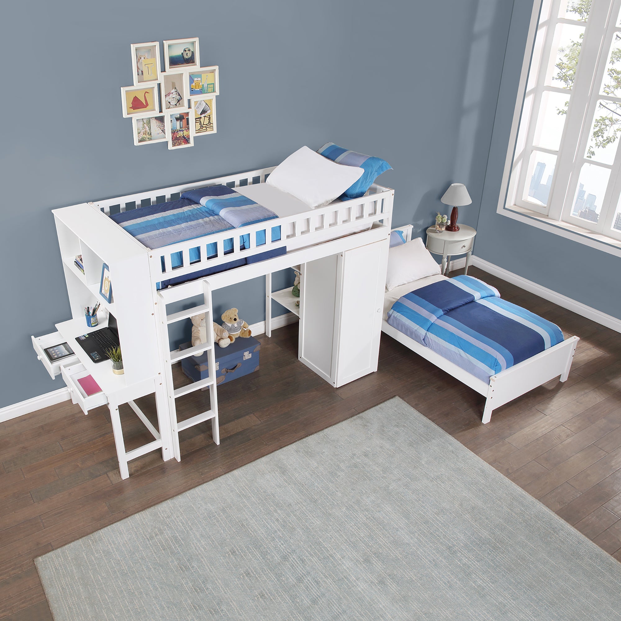 Twin Size Loft Bed with Closet and Desk and Extra Bottom Twin Bed- White_2