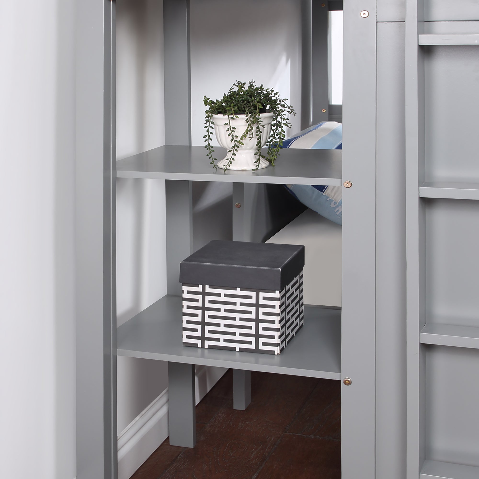 Twin Size Loft Bed with Closet and Desk and Extra Bottom Twin Bed- Grey_9