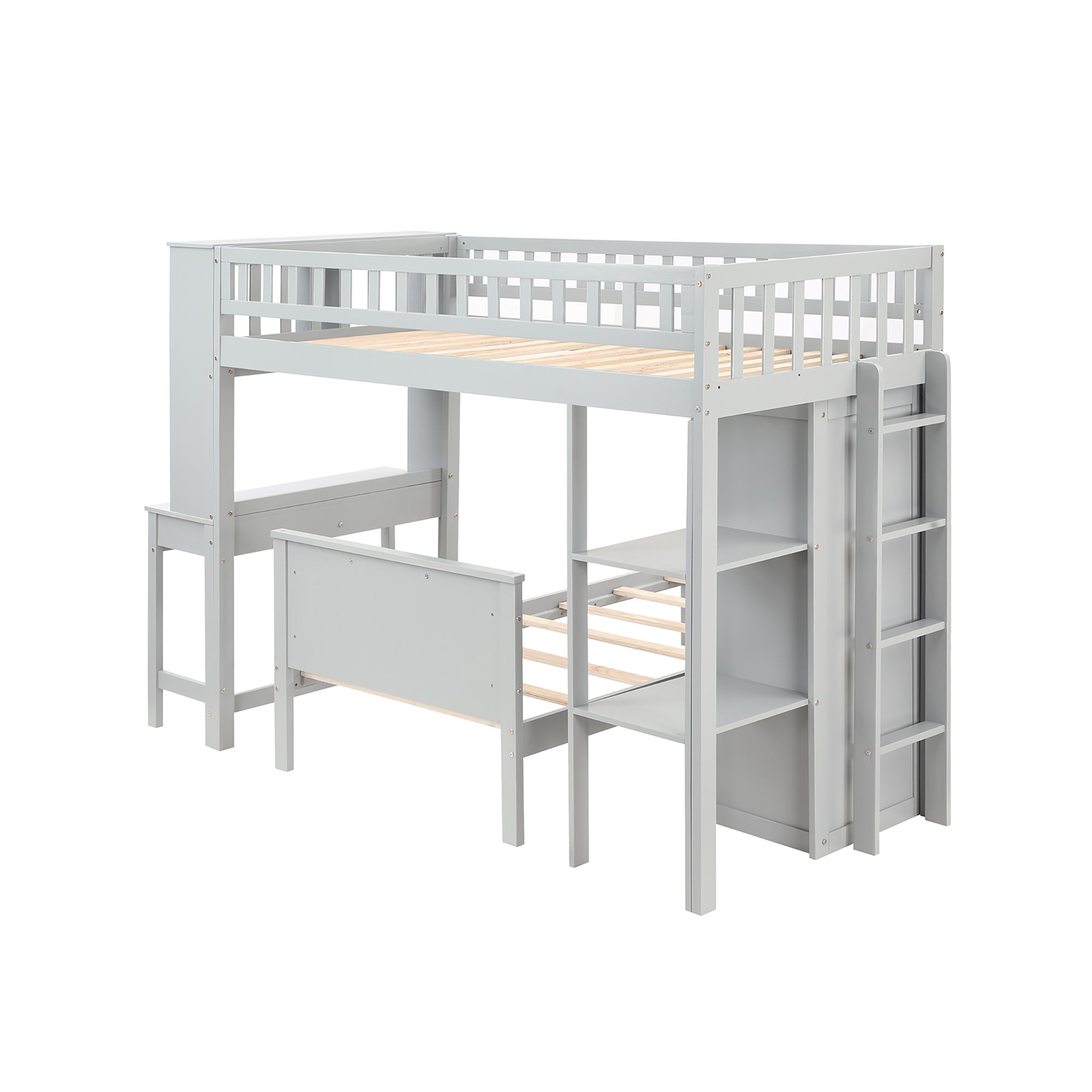 Twin Size Loft Bed with Closet and Desk and Extra Bottom Twin Bed- Grey_16