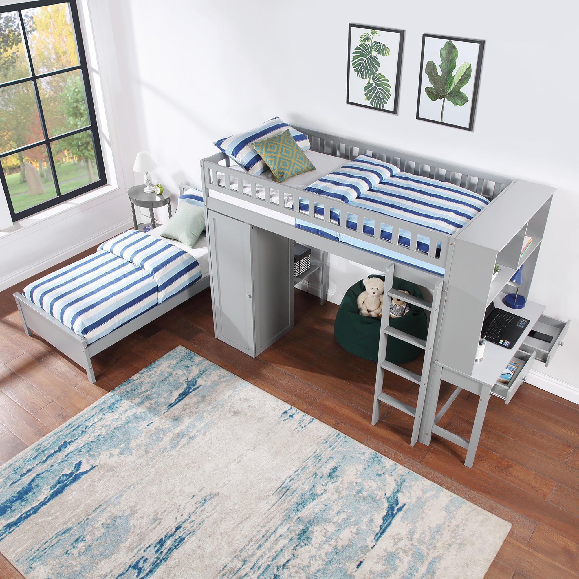 Twin Size Loft Bed with Closet and Desk and Extra Bottom Twin Bed- Grey_5