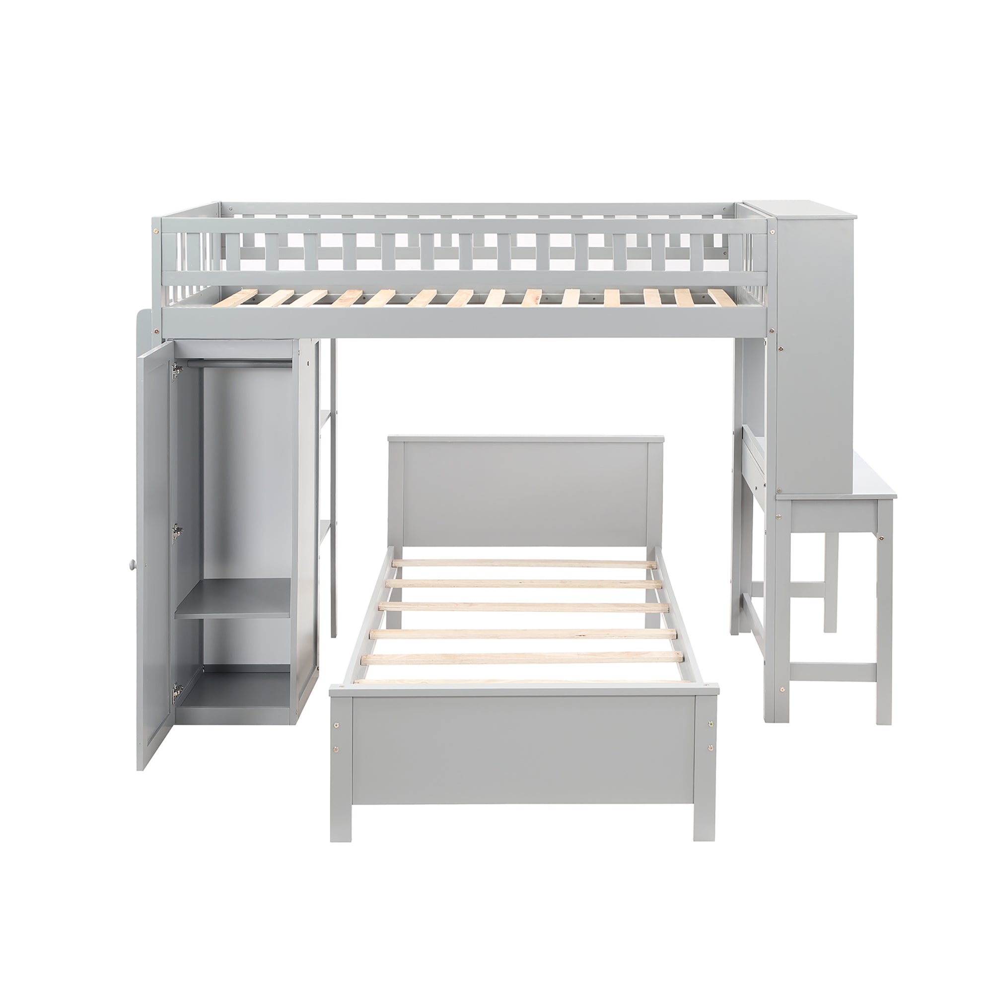 Twin Size Loft Bed with Closet and Desk and Extra Bottom Twin Bed- Grey_19