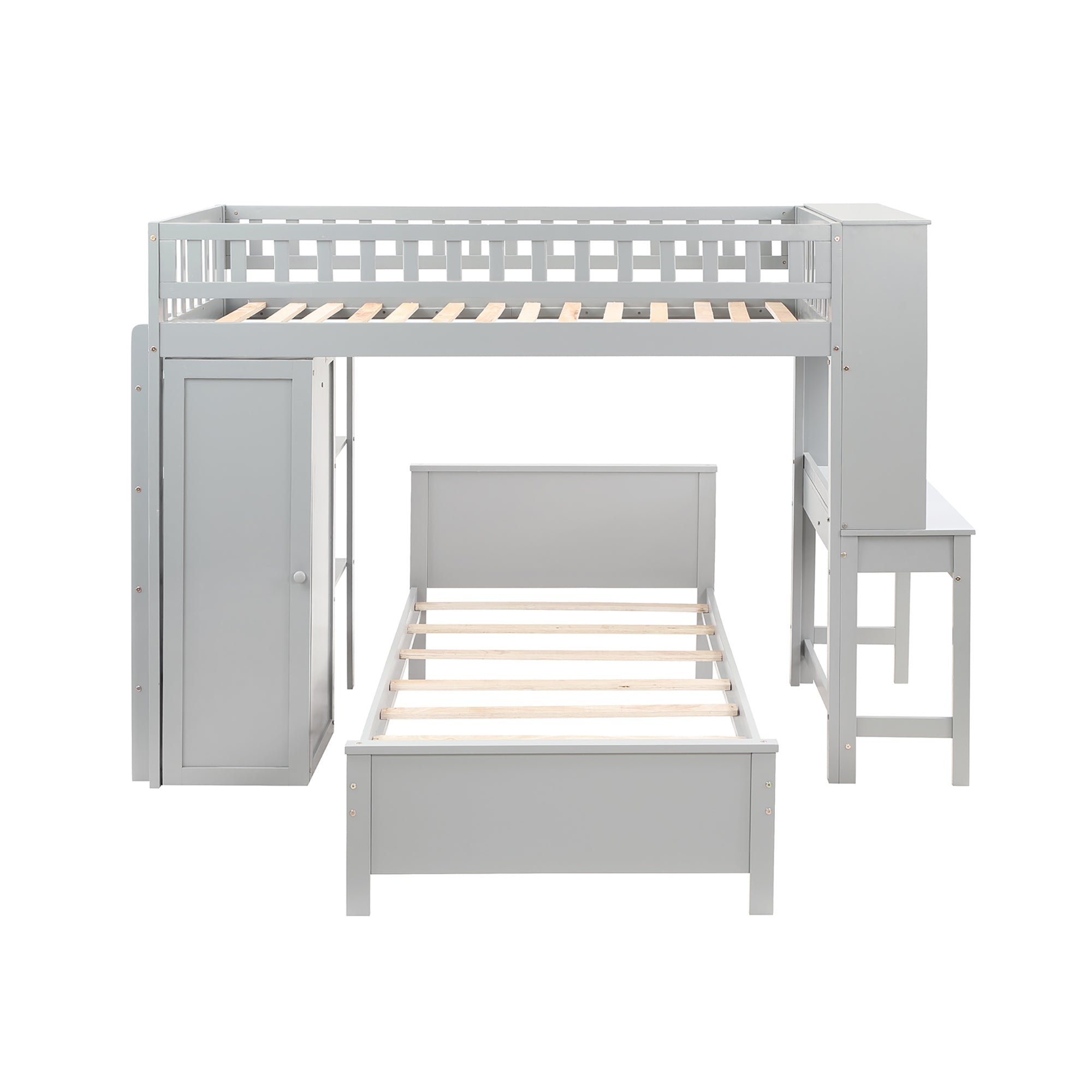 Twin Size Loft Bed with Closet and Desk and Extra Bottom Twin Bed- Grey_17