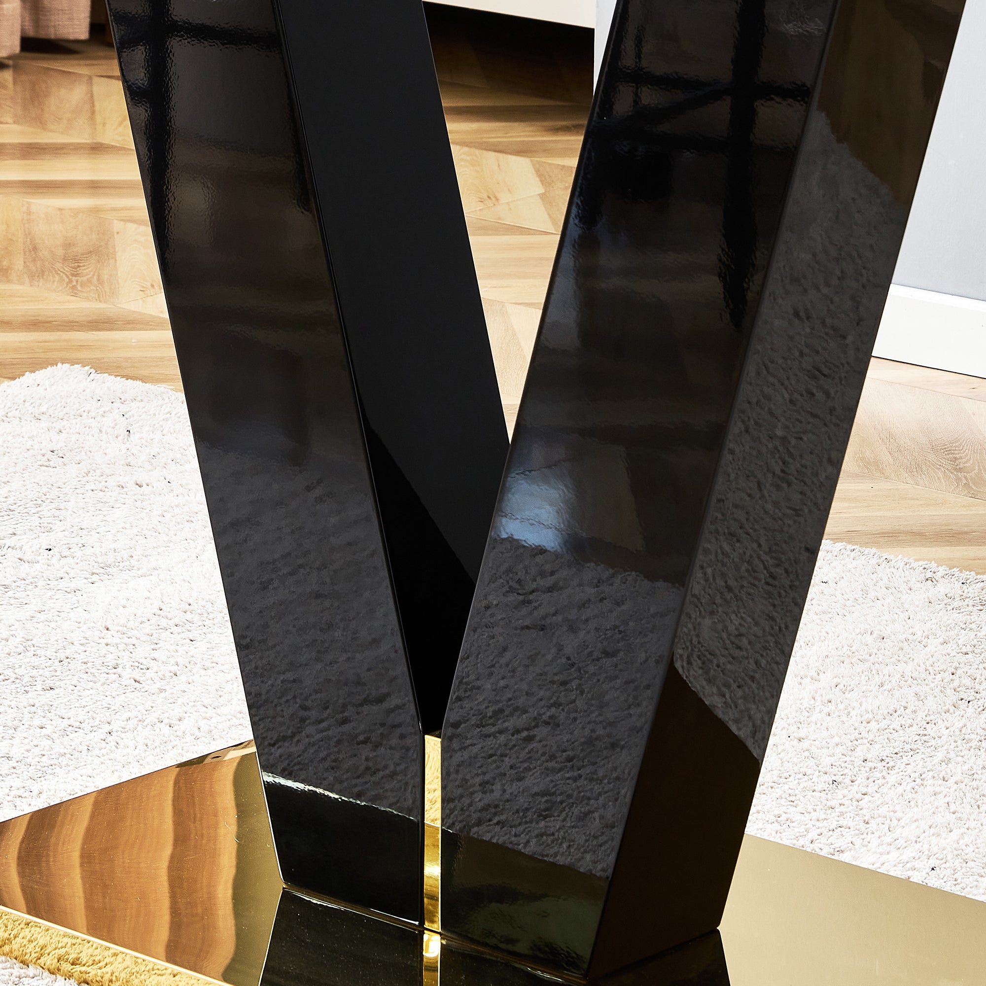 6-8 Seater Modern Minimalist 0.4" Tempered Glass Tabletop and V-Shaped Slab Legs_5