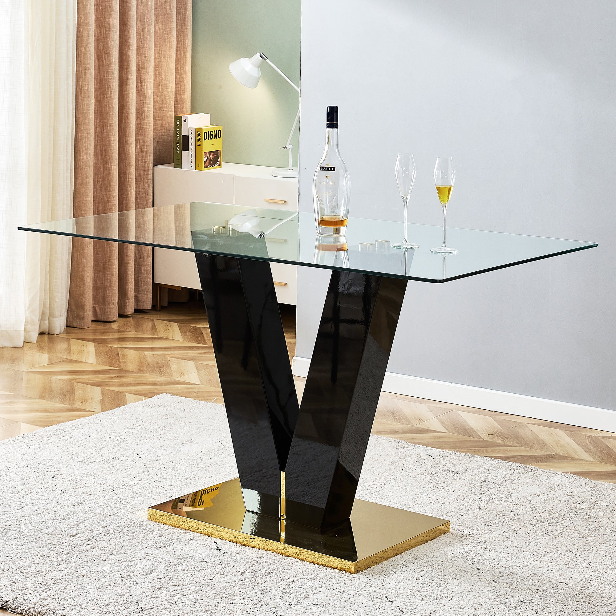 6-8 Seater Modern Minimalist 0.4" Tempered Glass Tabletop and V-Shaped Slab Legs_0