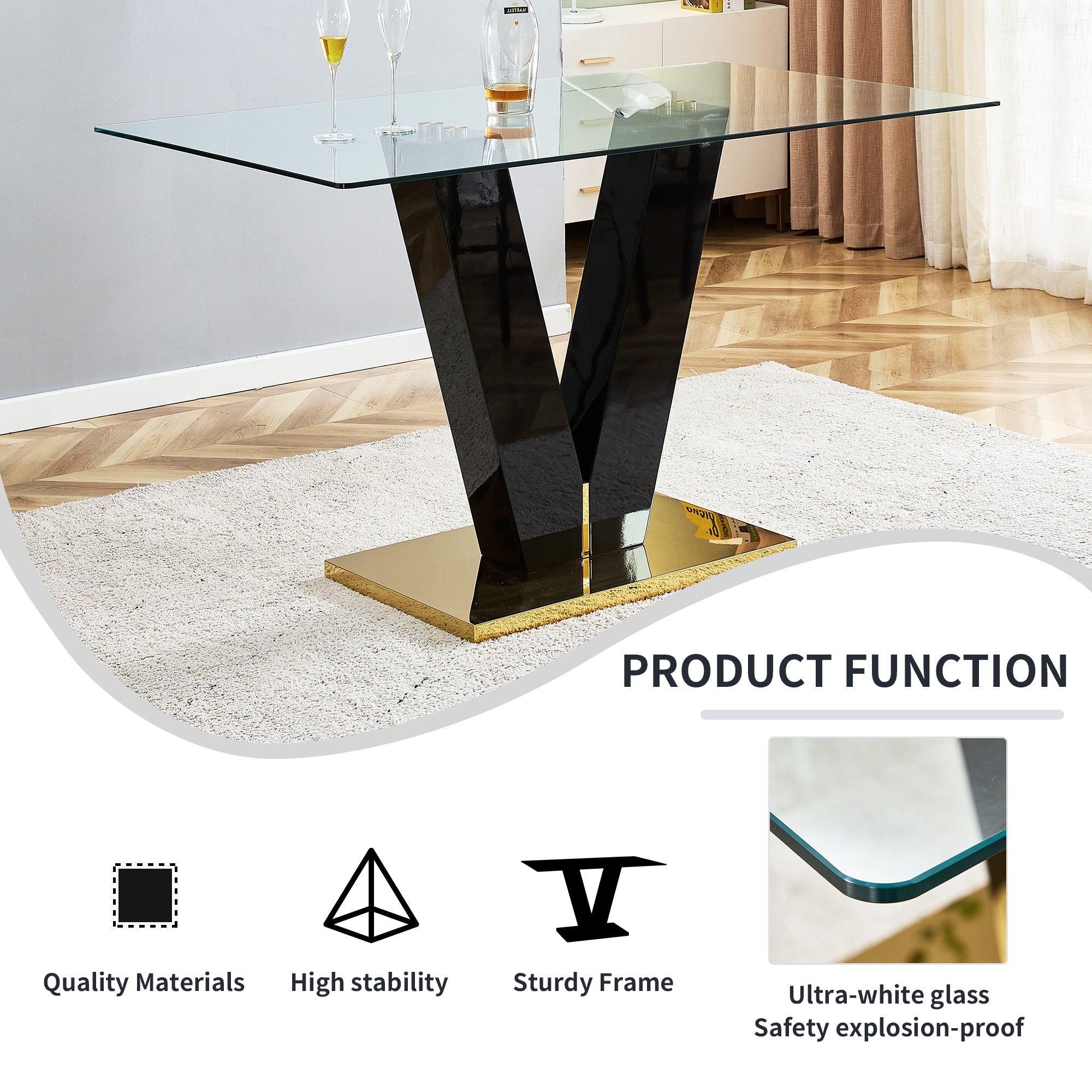 6-8 Seater Modern Minimalist 0.4" Tempered Glass Tabletop and V-Shaped Slab Legs_18