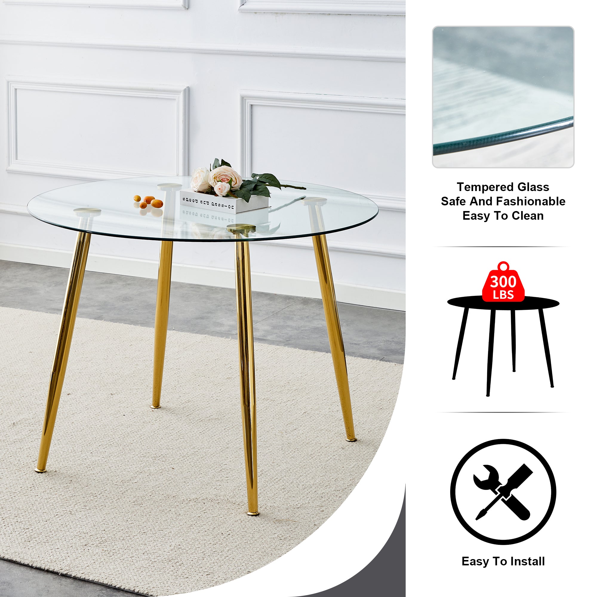 40 inches Glass Tabletop Circular Dining Table Set with Gold Legs+4 Black PU Dining Chairs_10