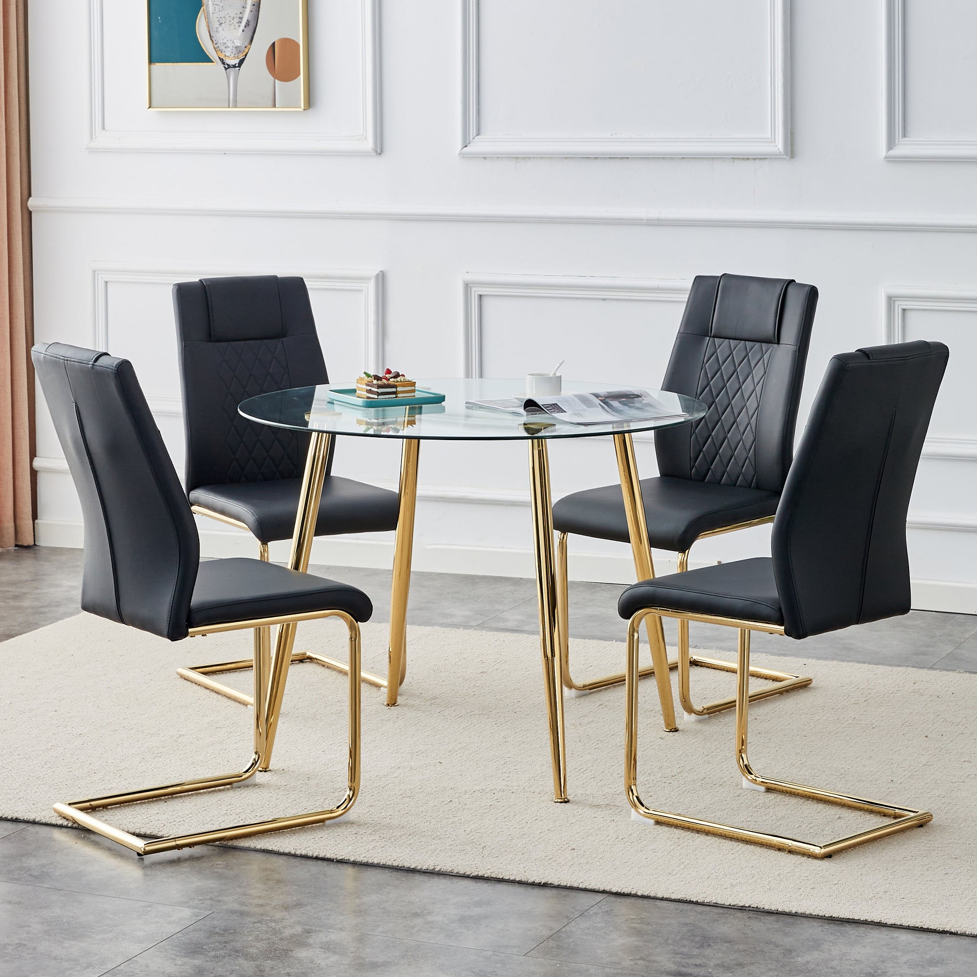 40 inches Glass Tabletop Circular Dining Table Set with Gold Legs+4 Black PU Dining Chairs_2