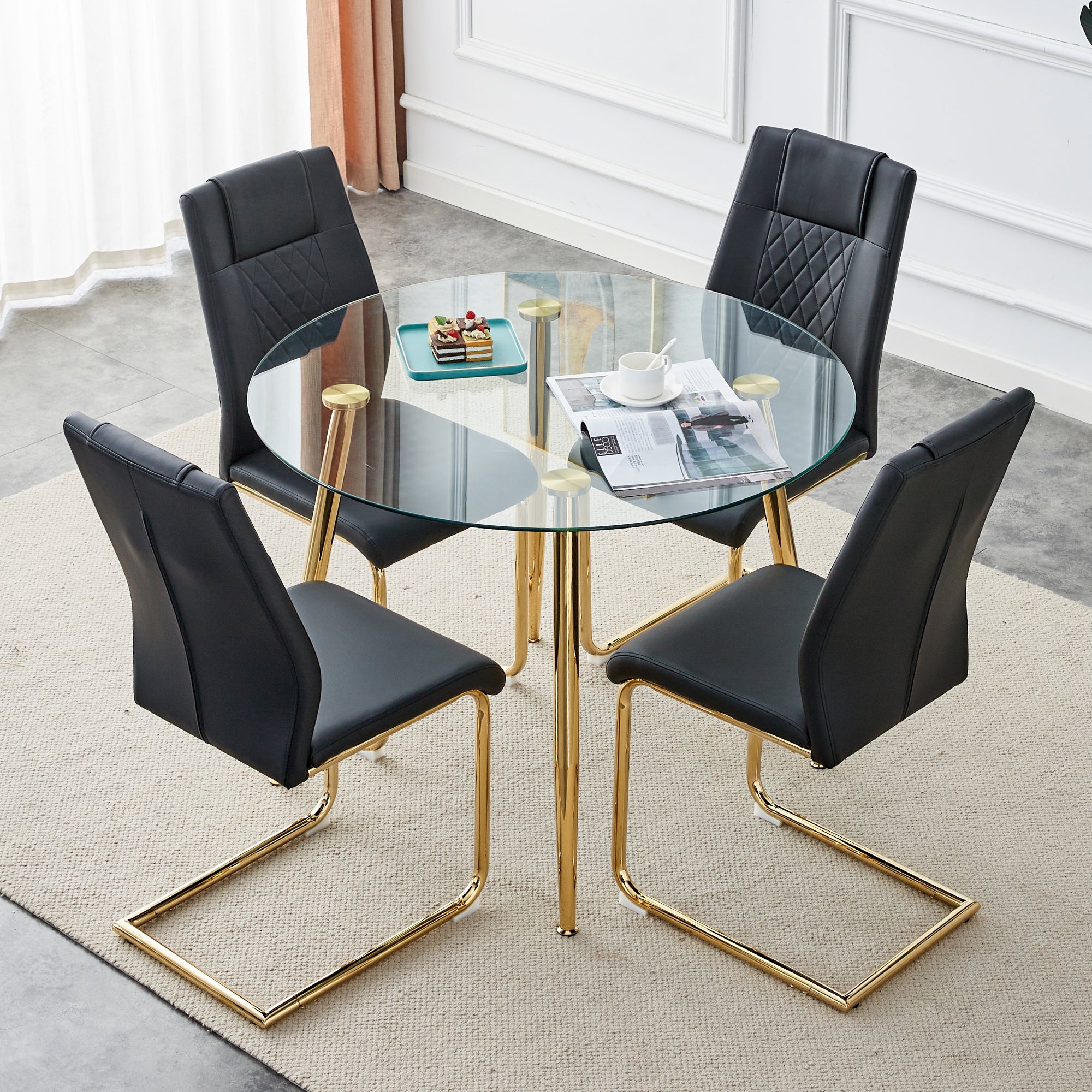 40 inches Glass Tabletop Circular Dining Table Set with Gold Legs+4 Black PU Dining Chairs_0