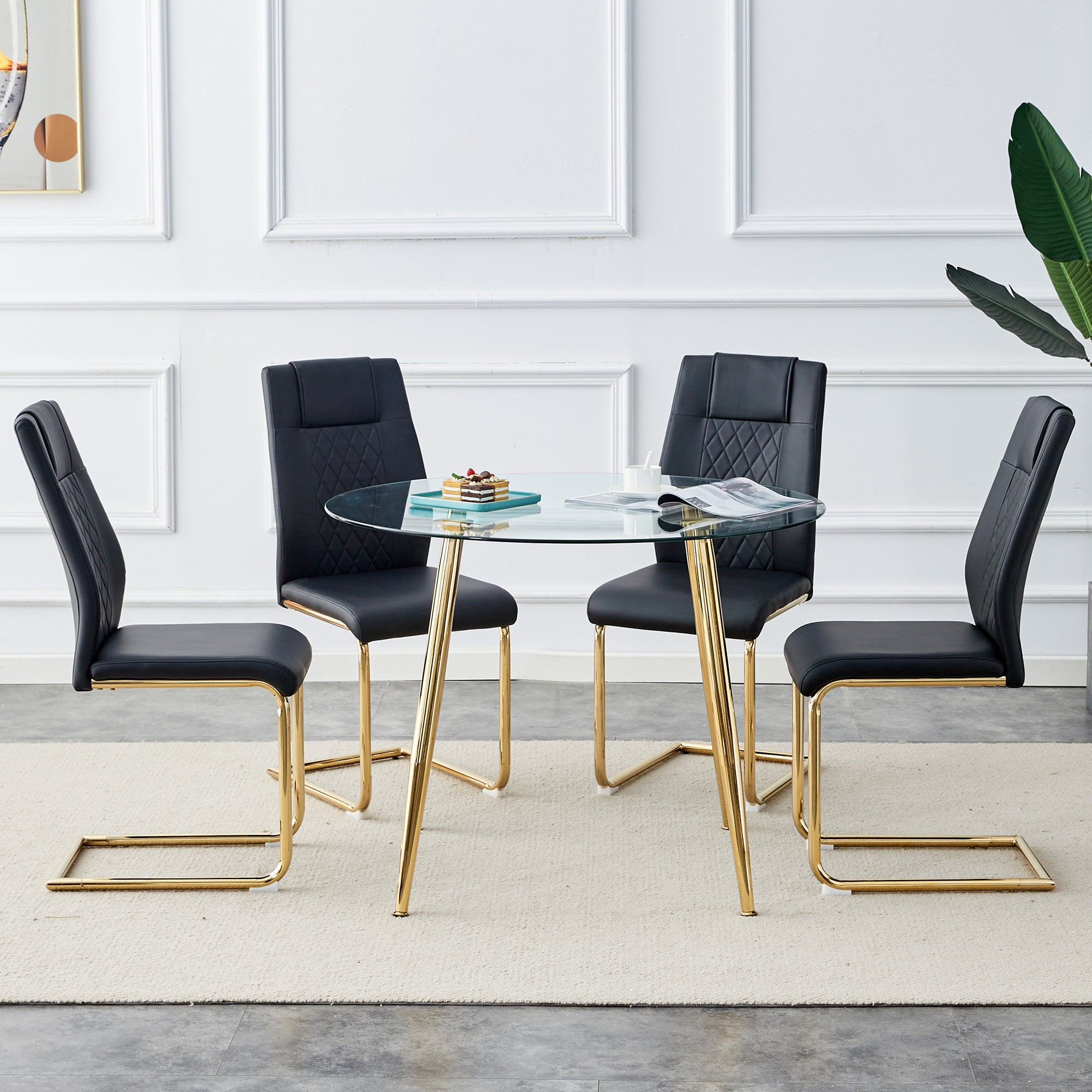 40 inches Glass Tabletop Circular Dining Table Set with Gold Legs+4 Black PU Dining Chairs_3