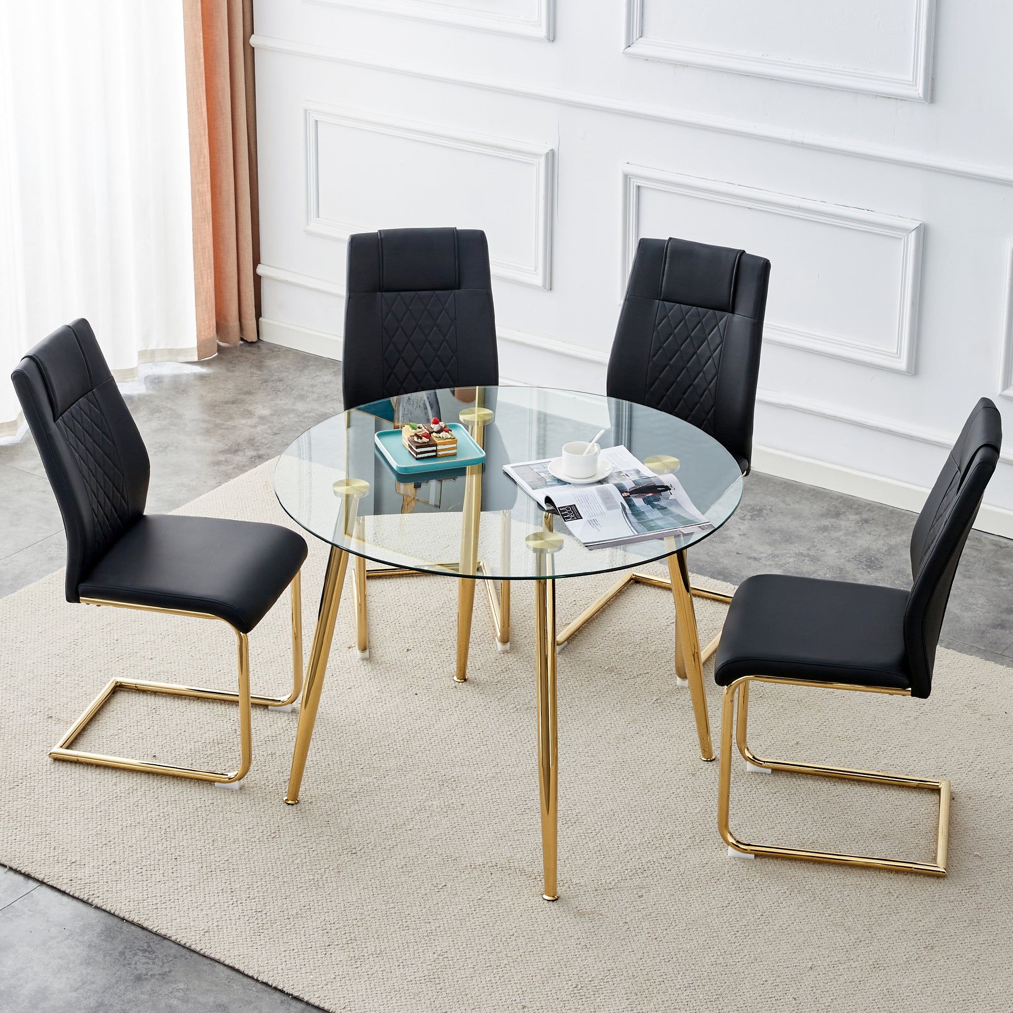 40 inches Glass Tabletop Circular Dining Table Set with Gold Legs+4 Black PU Dining Chairs_1