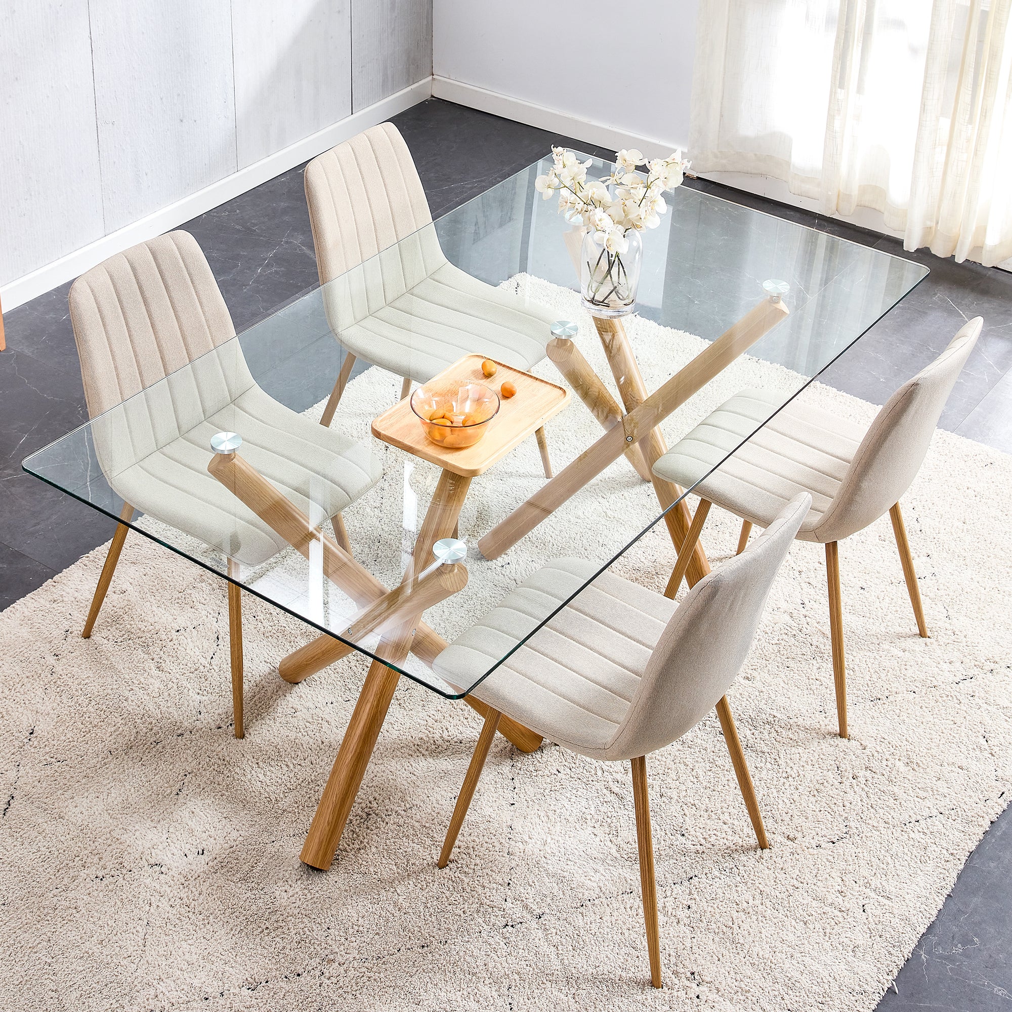 6-8 Seater Modern Kitchen Dining Table Rectangular Transparent Table Top with Wooden Metal Leg_2