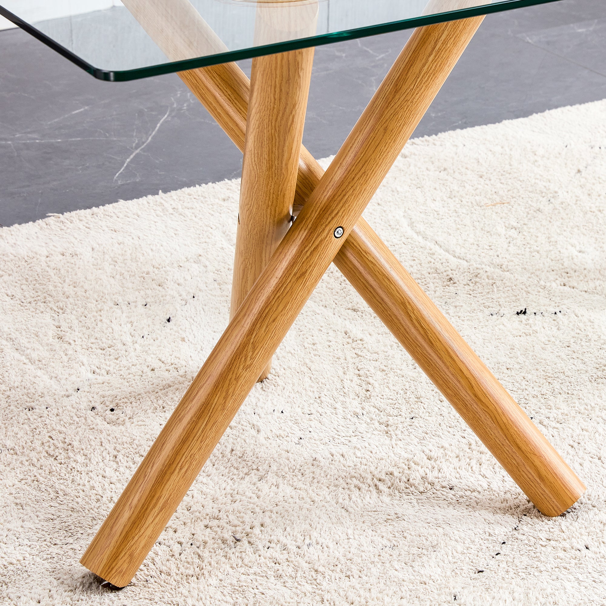 6-8 Seater Modern Kitchen Dining Table Rectangular Transparent Table Top with Wooden Metal Leg_11