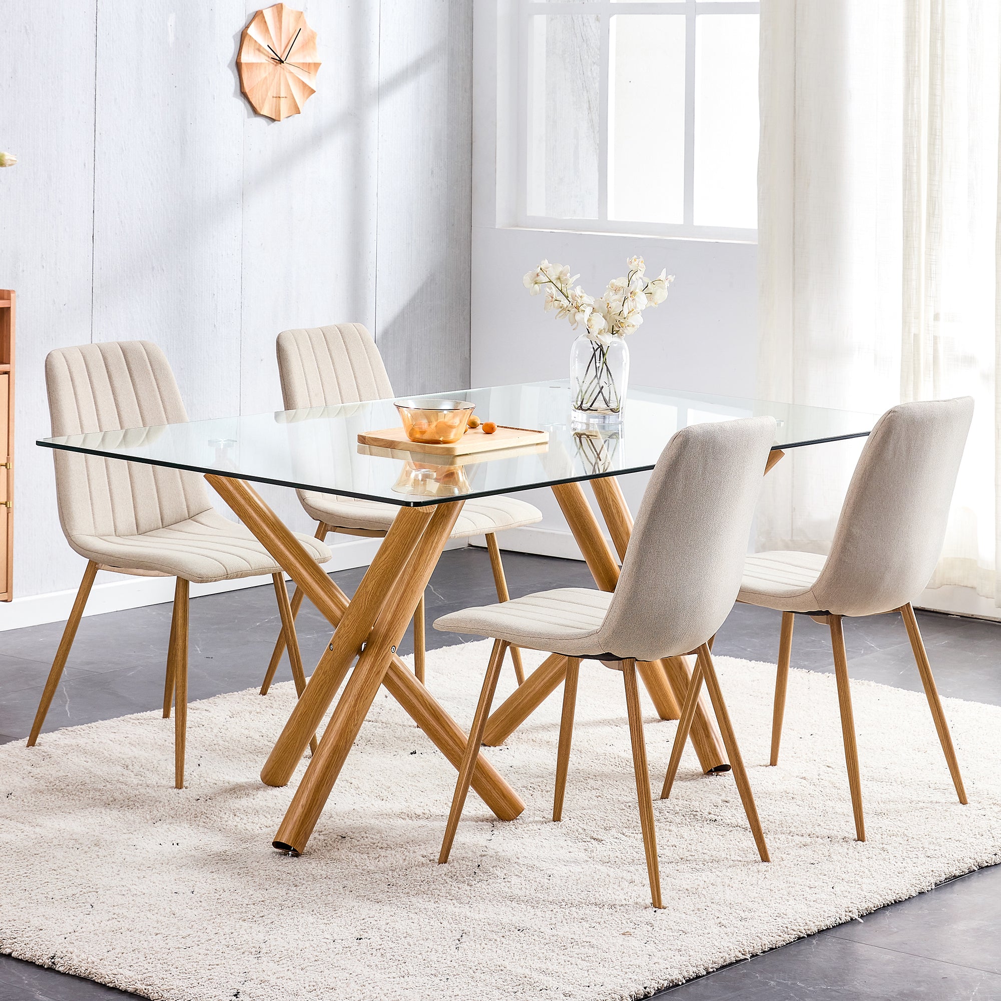 6-8 Seater Modern Kitchen Dining Table Rectangular Transparent Table Top with Wooden Metal Leg_3