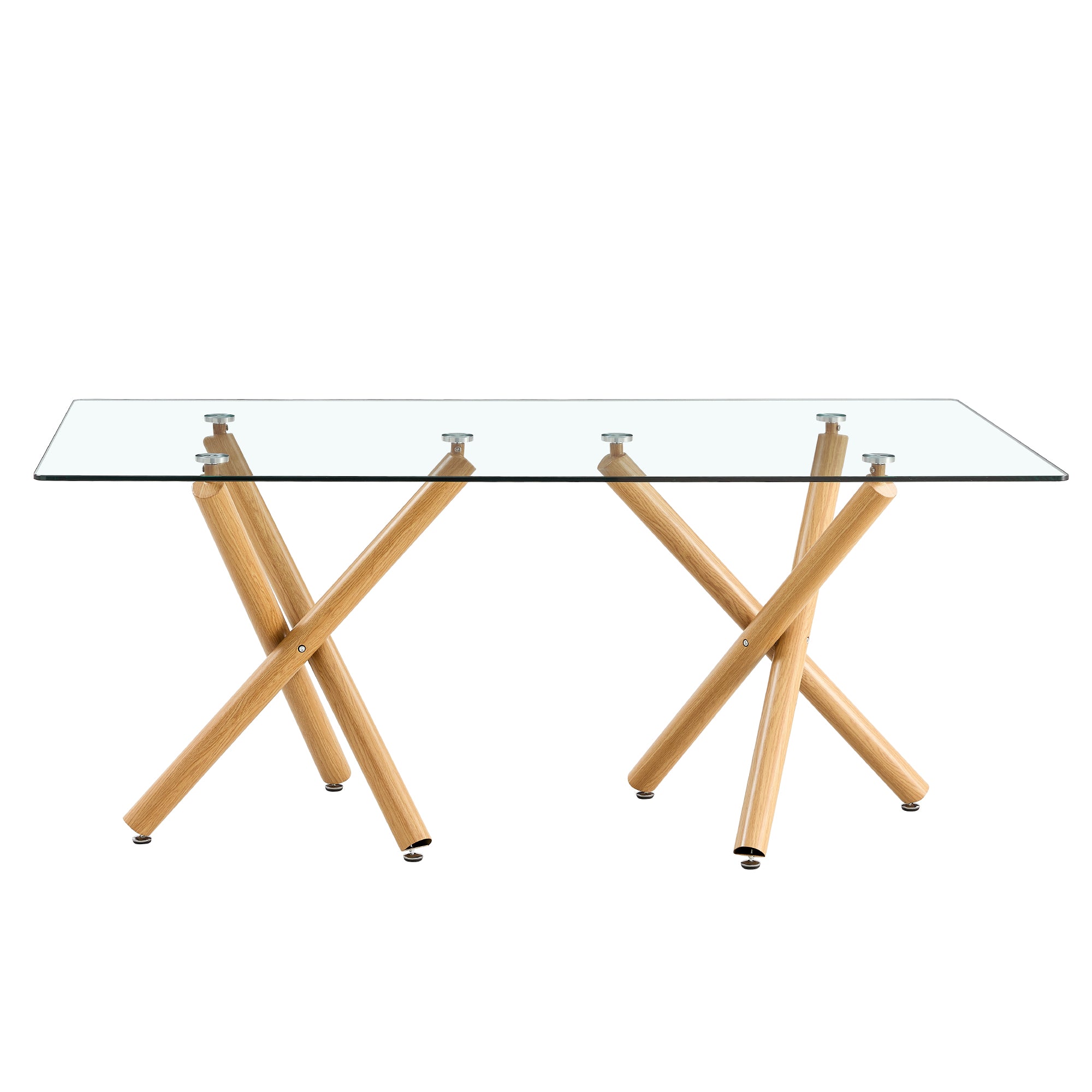 6-8 Seater Modern Kitchen Dining Table Rectangular Transparent Table Top with Wooden Metal Leg_19