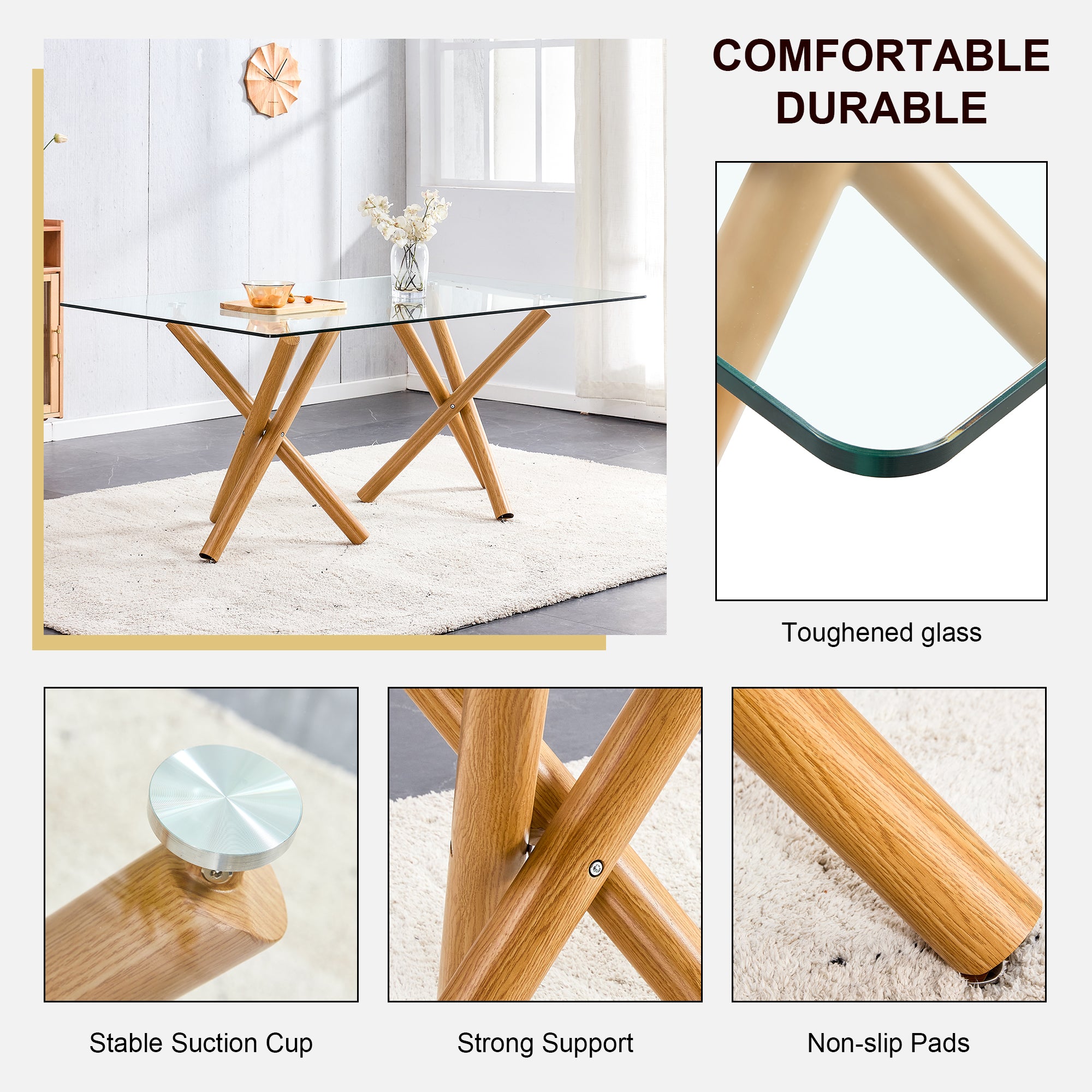 6-8 Seater Modern Kitchen Dining Table Rectangular Transparent Table Top with Wooden Metal Leg_6