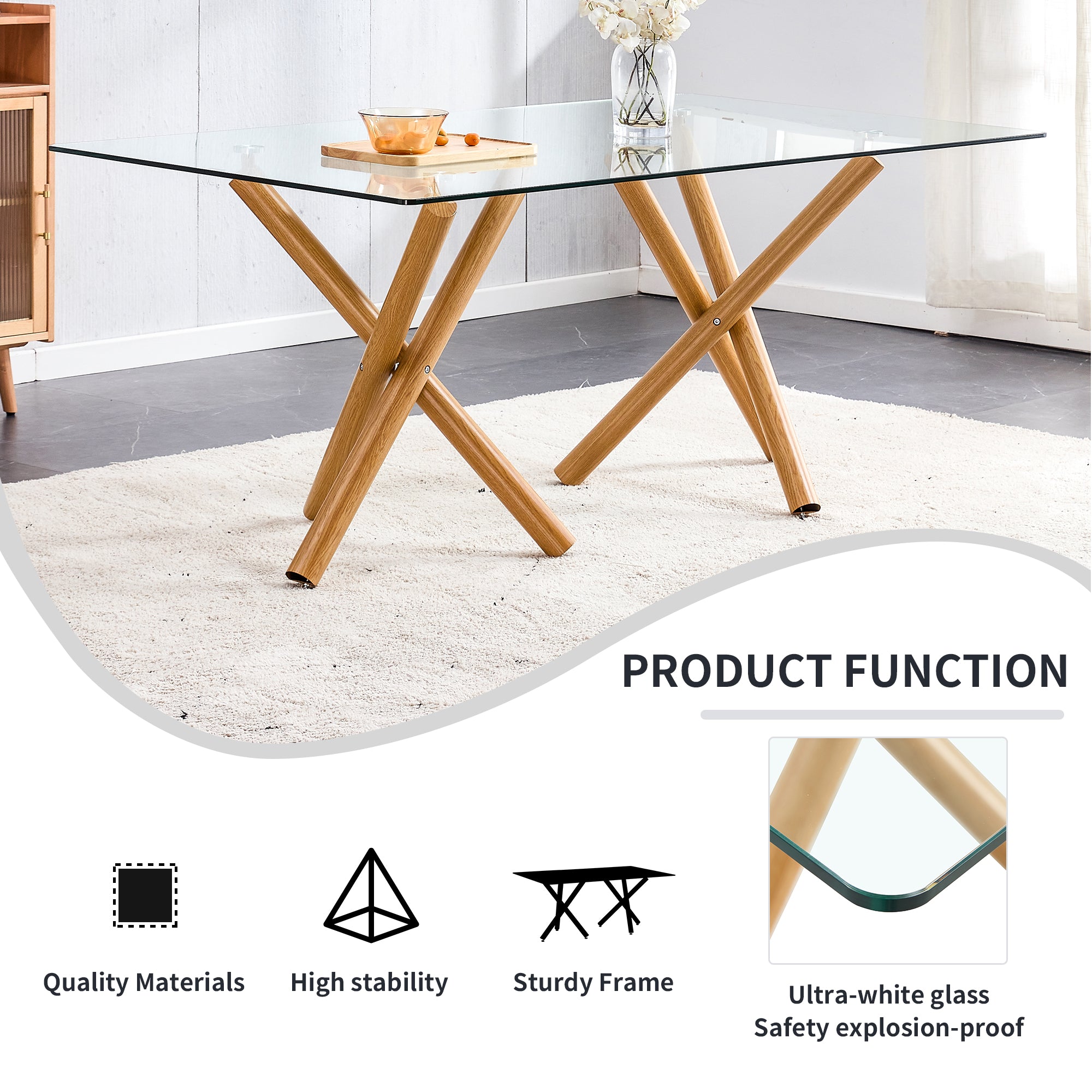 6-8 Seater Modern Kitchen Dining Table Rectangular Transparent Table Top with Wooden Metal Leg_7