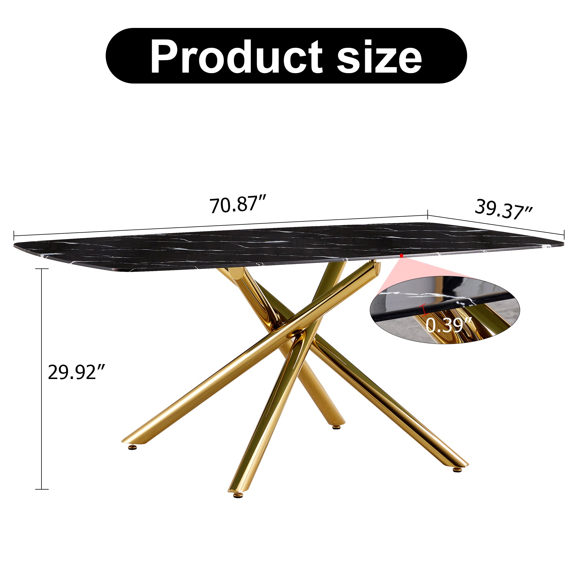 Large modern minimalist rectangular dining table with 0.39 "imitation marble black tabletop and golden metal legs, for Kitchen Dining Living Meeting Room Banquet hall 1537_11
