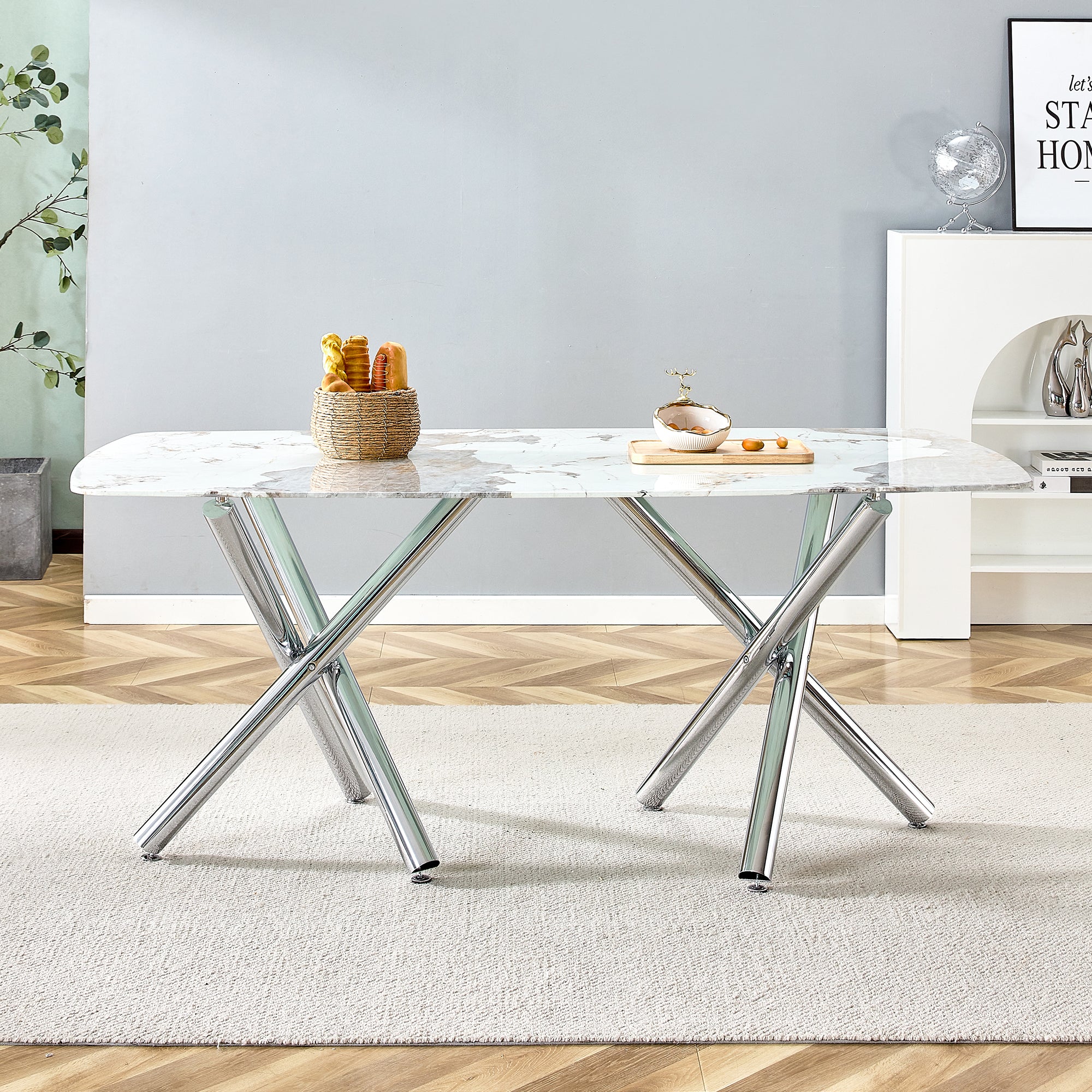 6-8 Seater Modern Kitchen Dining Table Rectangular White Marble Table Top with Silver Metal Legs_2