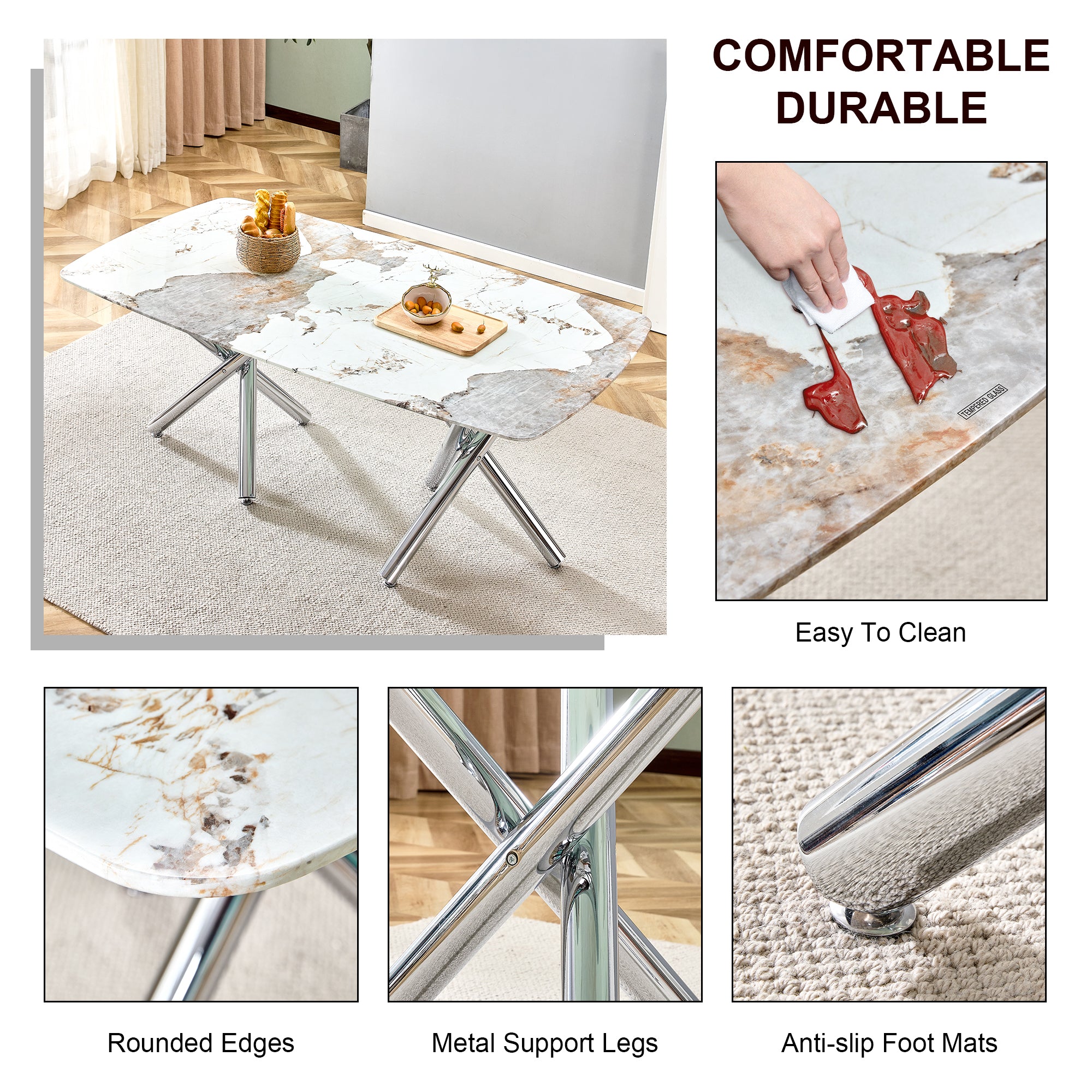 6-8 Seater Modern Kitchen Dining Table Rectangular White Marble Table Top with Silver Metal Legs_10