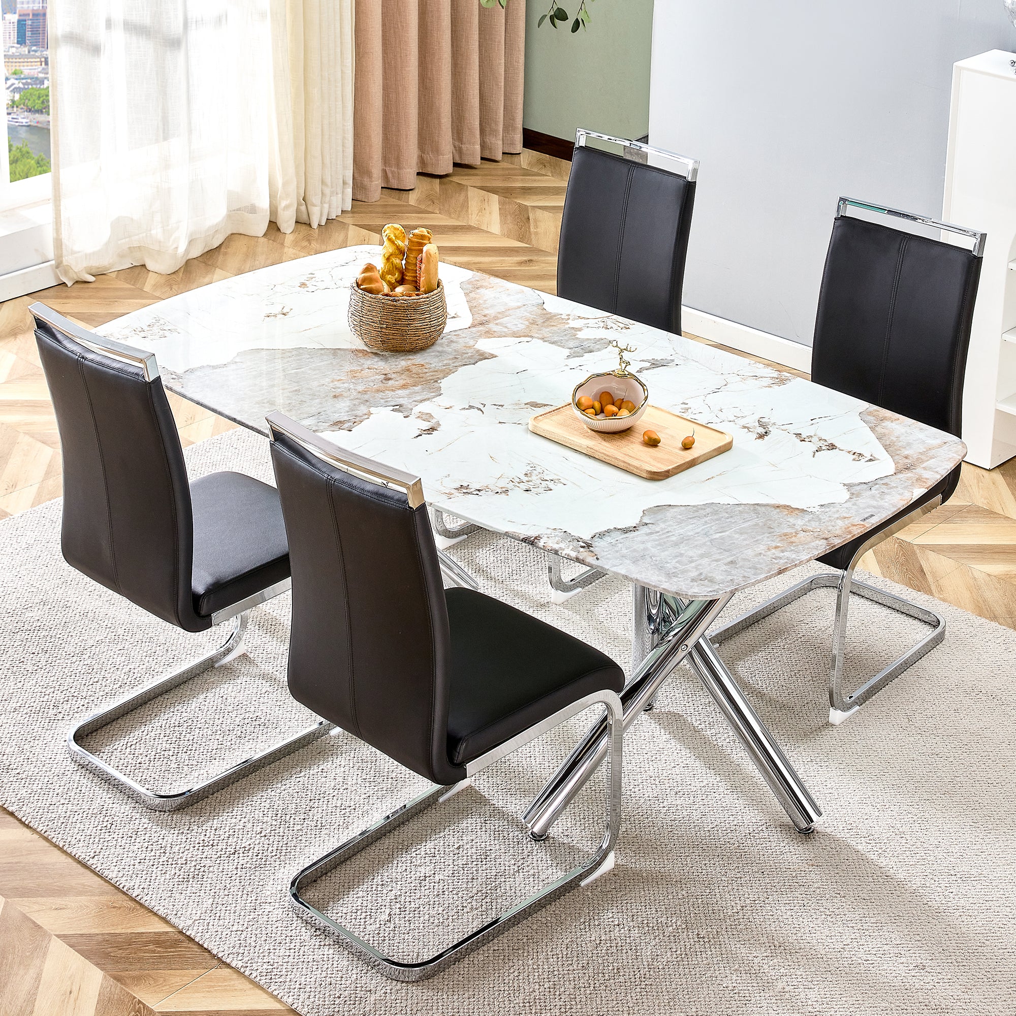 6-8 Seater Modern Kitchen Dining Table Rectangular White Marble Table Top with Silver Metal Legs_5
