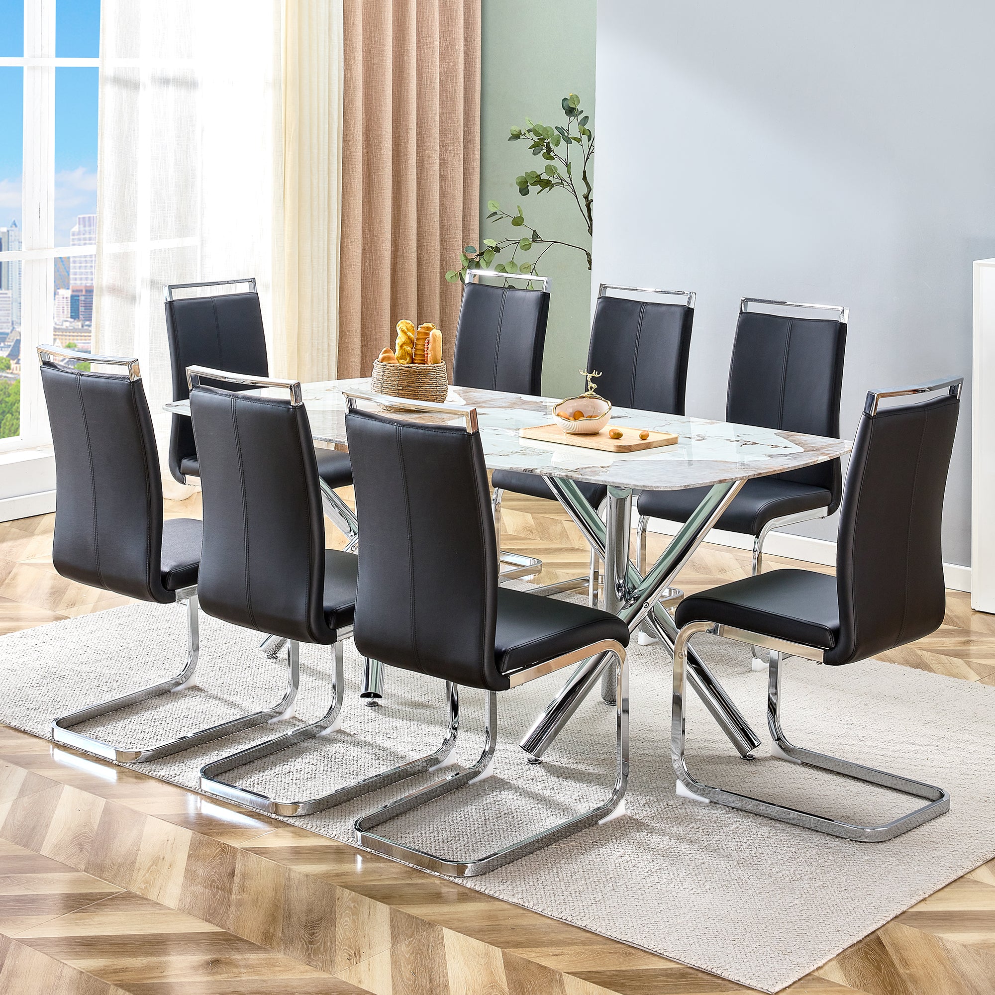 6-8 Seater Modern Kitchen Dining Table Rectangular White Marble Table Top with Silver Metal Legs_8