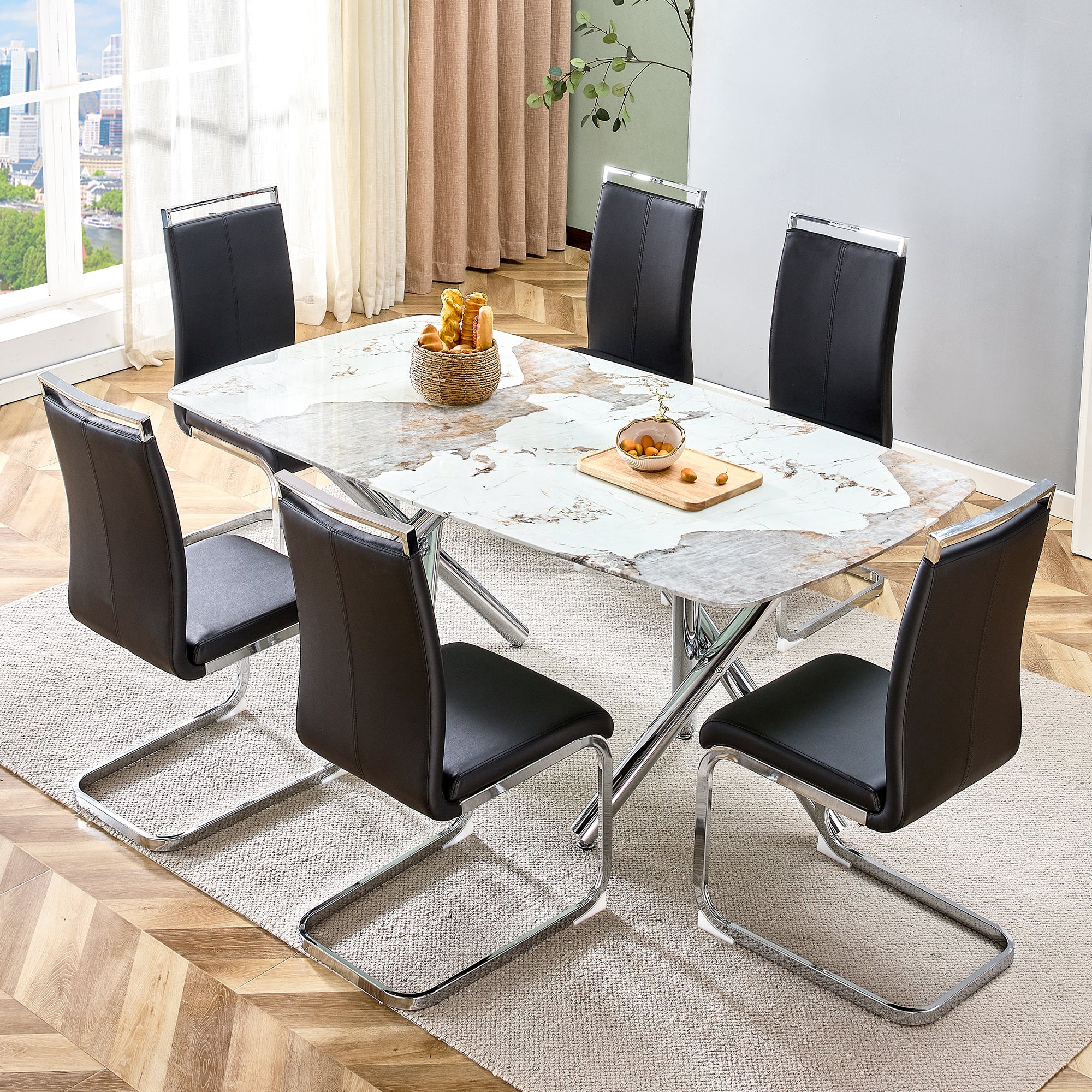 6-8 Seater Modern Kitchen Dining Table Rectangular White Marble Table Top with Silver Metal Legs_3