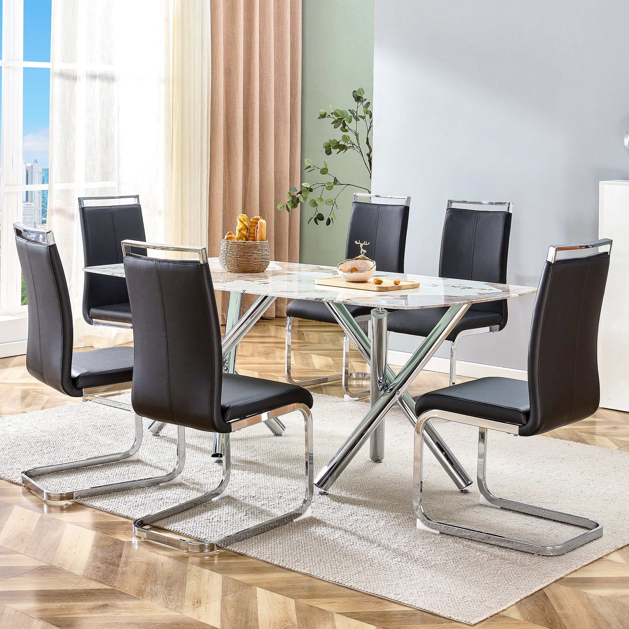6-8 Seater Modern Kitchen Dining Table Rectangular White Marble Table Top with Silver Metal Legs_7