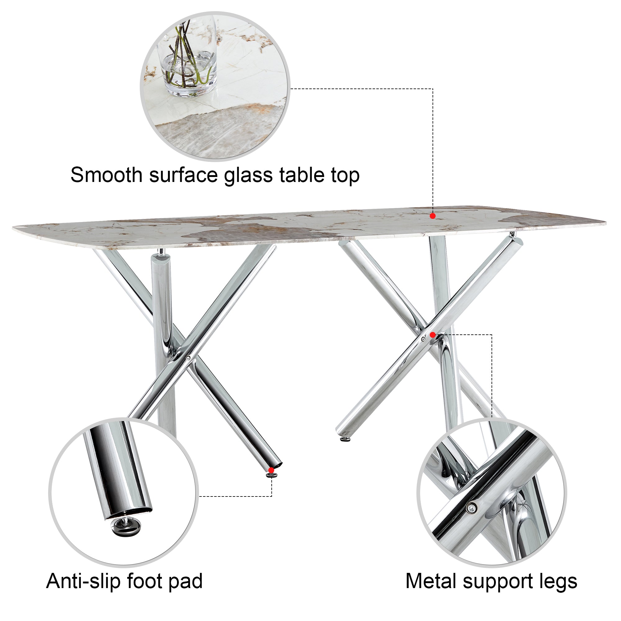 6-8 Seater Modern Kitchen Dining Table Rectangular White Marble Table Top with Silver Metal Legs_13