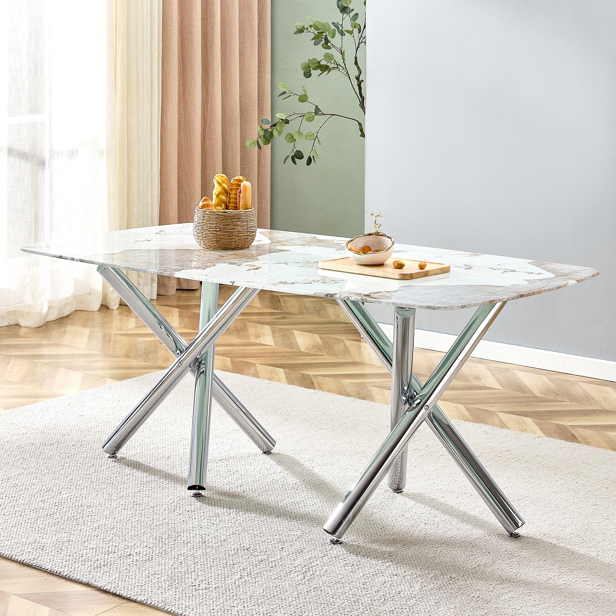 6-8 Seater Modern Kitchen Dining Table Rectangular White Marble Table Top with Silver Metal Legs_0
