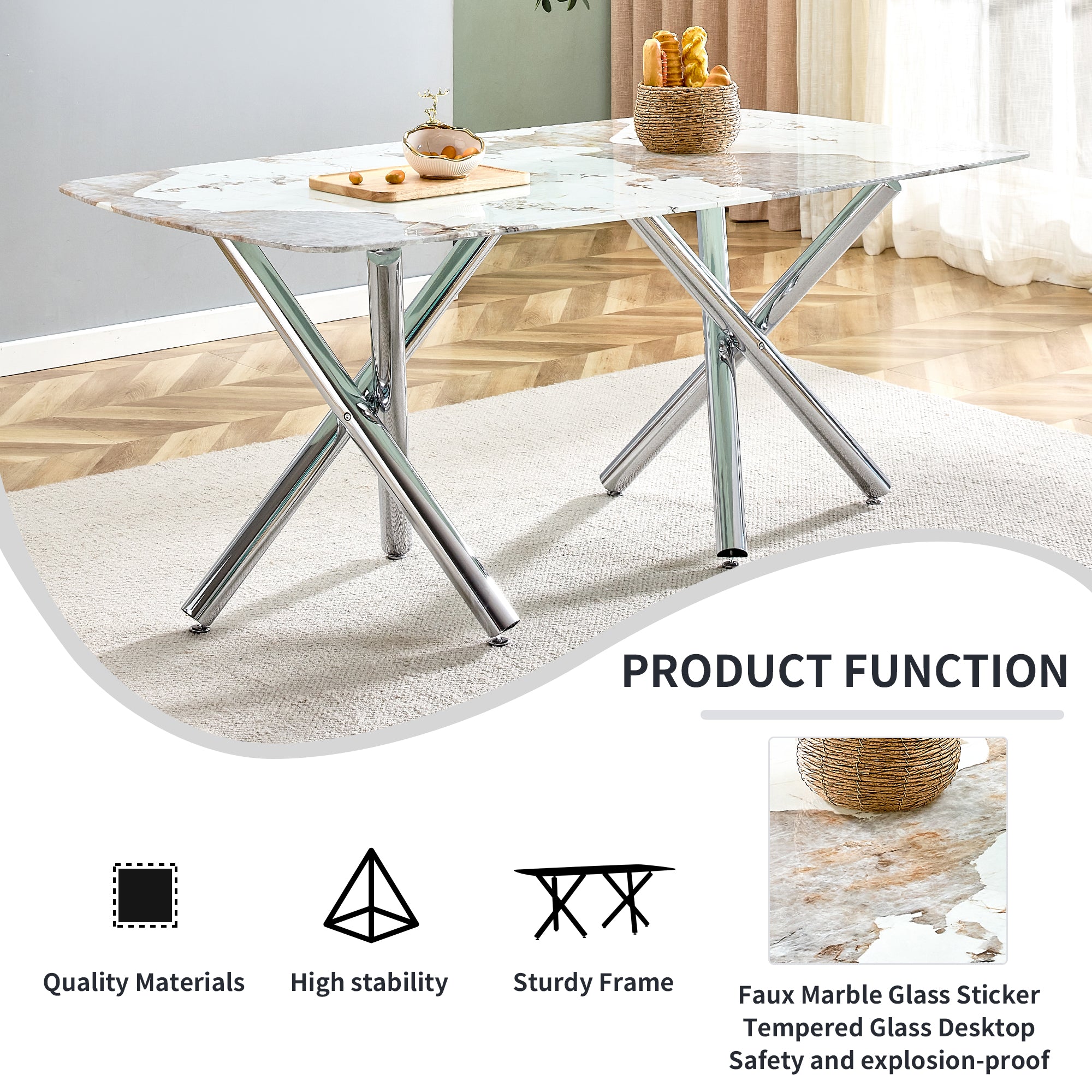 6-8 Seater Modern Kitchen Dining Table Rectangular White Marble Table Top with Silver Metal Legs_12