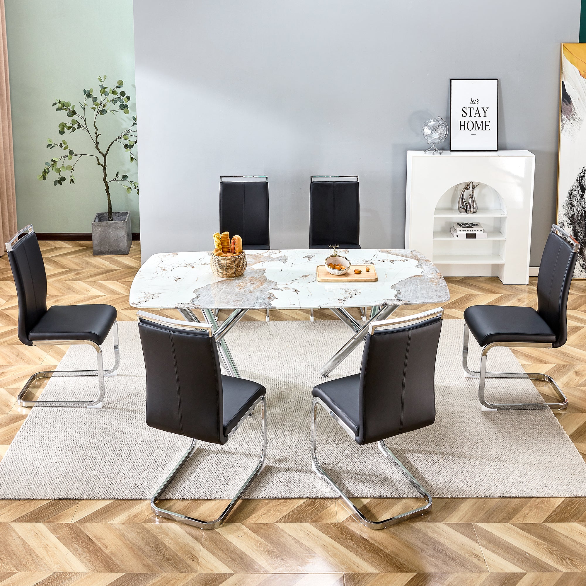 6-8 Seater Modern Kitchen Dining Table Rectangular White Marble Table Top with Silver Metal Legs_4