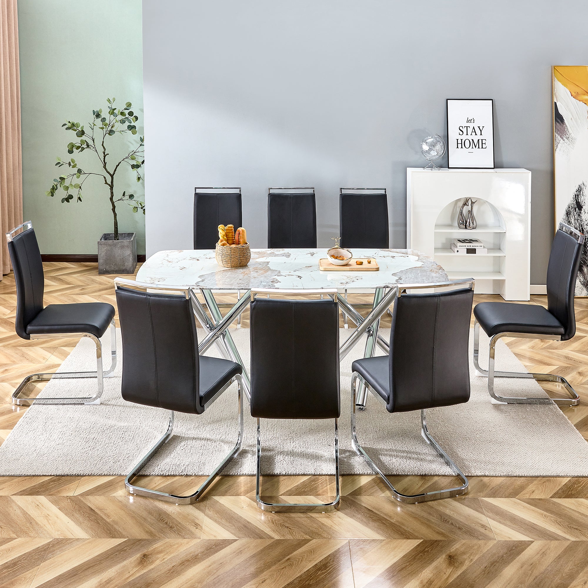 6-8 Seater Modern Kitchen Dining Table Rectangular White Marble Table Top with Silver Metal Legs_6