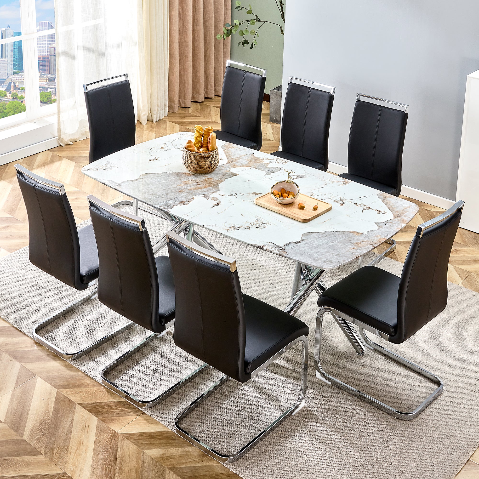 6-8 Seater Modern Kitchen Dining Table Rectangular White Marble Table Top with Silver Metal Legs_9