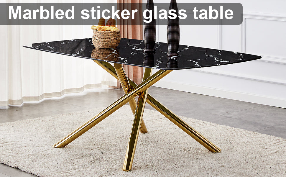 6-8 Seater Modern Kitchen Dining Table Rectangular Black Marble Table Top with Single Gold Metal Leg_3