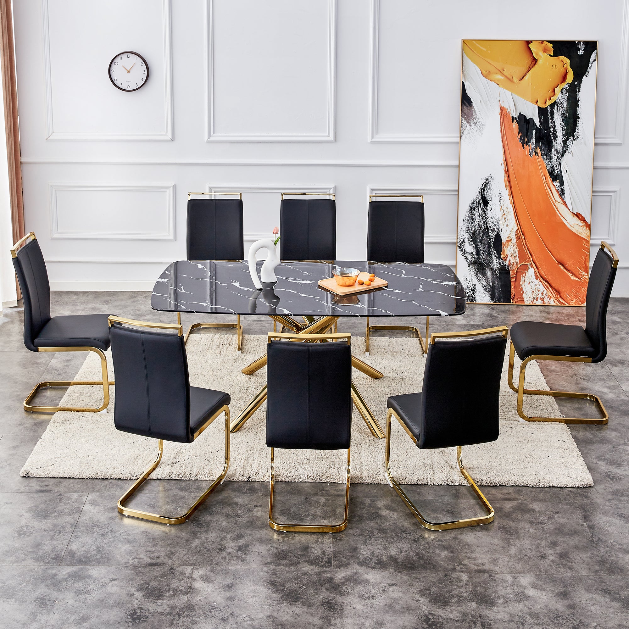 6-8 Seater Modern Kitchen Dining Table Rectangular Black Marble Table Top with Single Gold Metal Leg_5