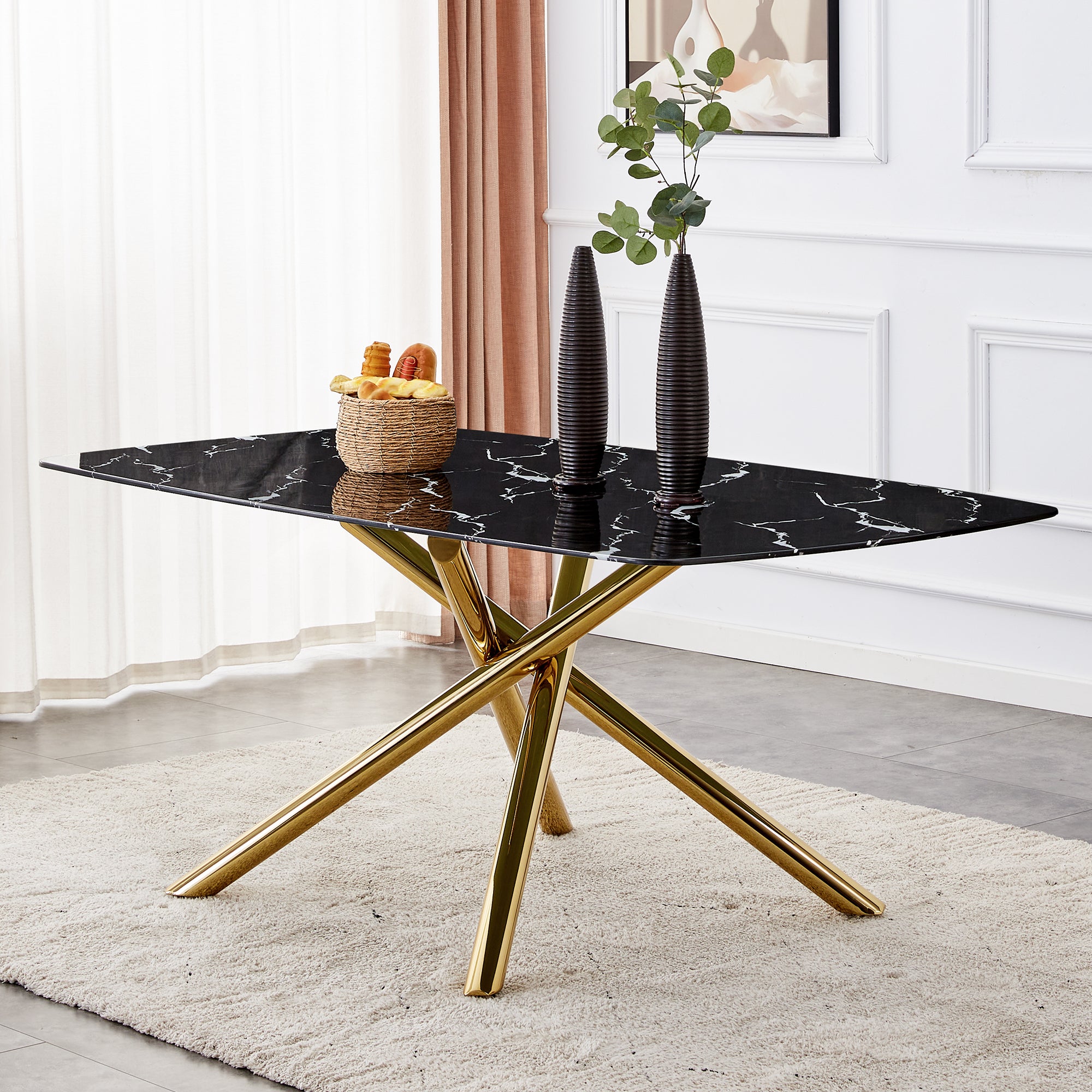 6-8 Seater Modern Kitchen Dining Table Rectangular Black Marble Table Top with Single Gold Metal Leg_1