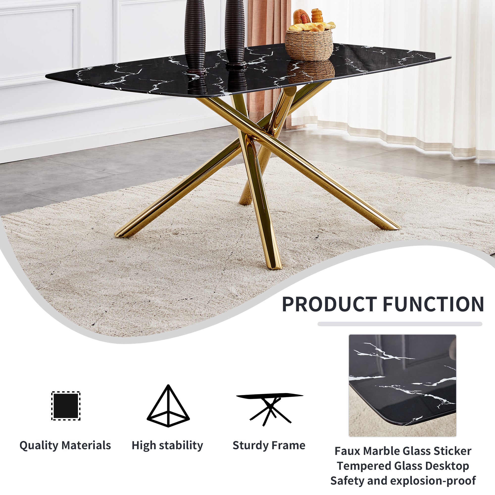 6-8 Seater Modern Kitchen Dining Table Rectangular Black Marble Table Top with Single Gold Metal Leg_22