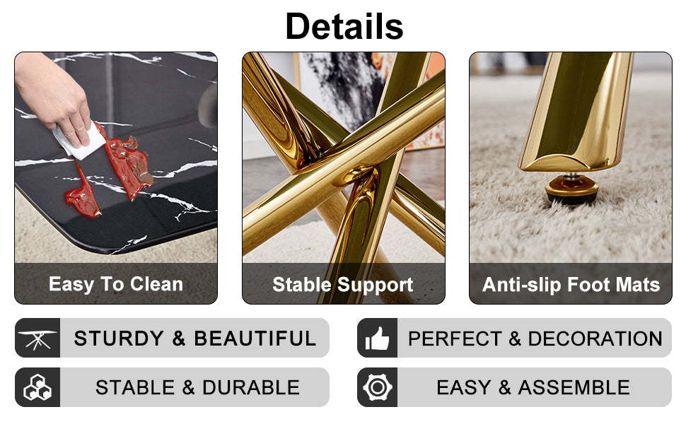 6-8 Seater Modern Kitchen Dining Table Rectangular Black Marble Table Top with Single Gold Metal Leg_19