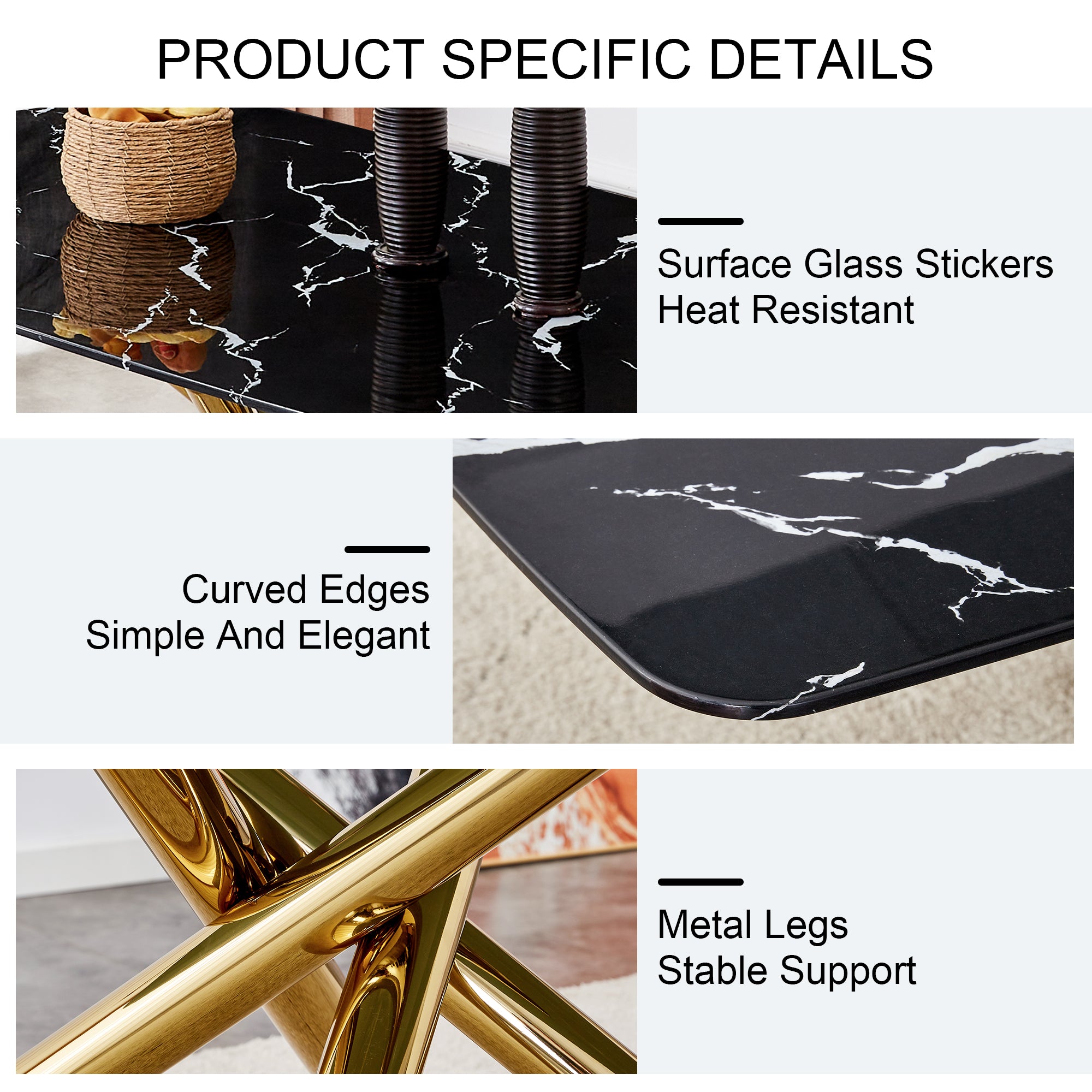 6-8 Seater Modern Kitchen Dining Table Rectangular Black Marble Table Top with Single Gold Metal Leg_20