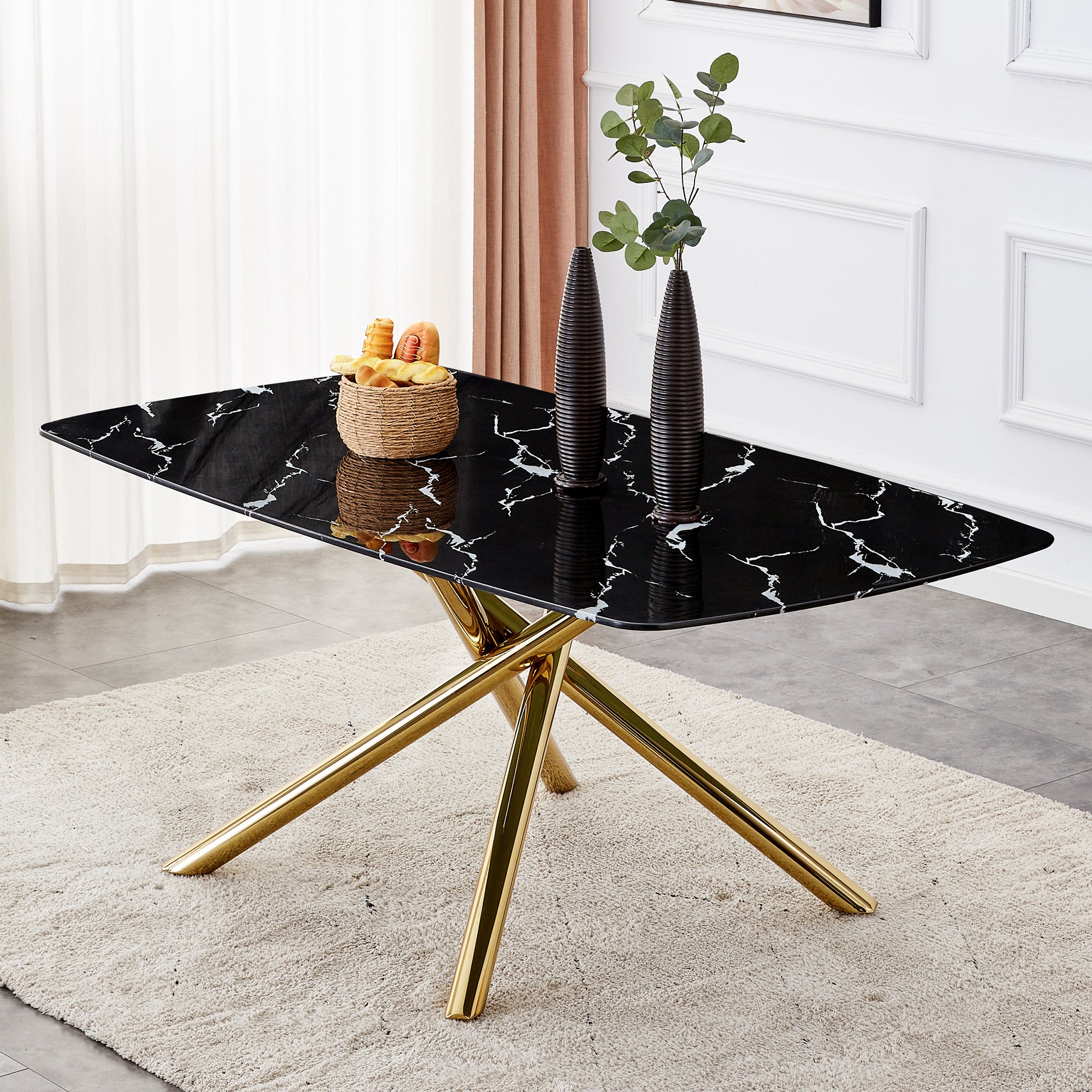 6-8 Seater Modern Kitchen Dining Table Rectangular Black Marble Table Top with Single Gold Metal Leg_2