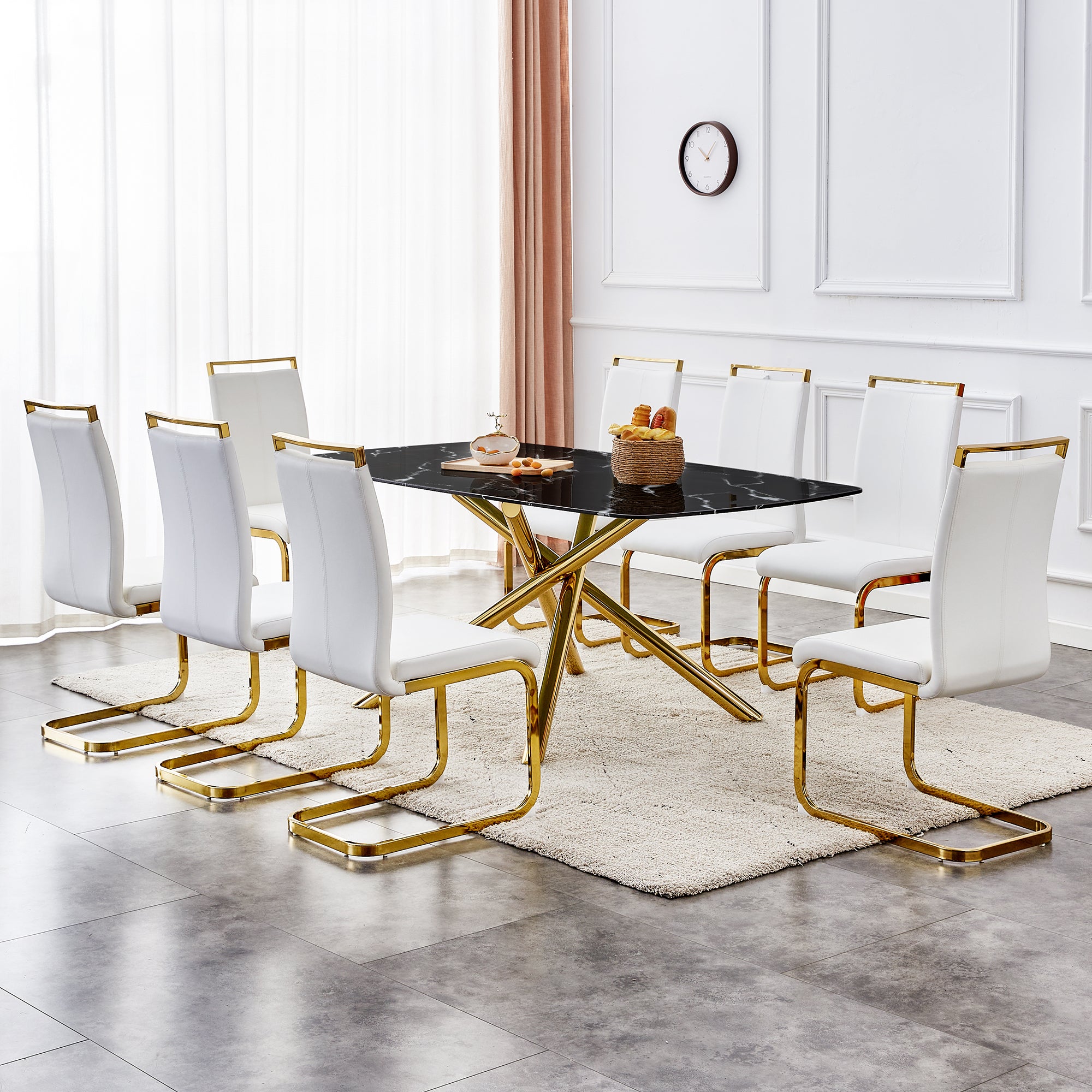 6-8 Seater Modern Kitchen Dining Table Rectangular Black Marble Table Top with Single Gold Metal Leg_6