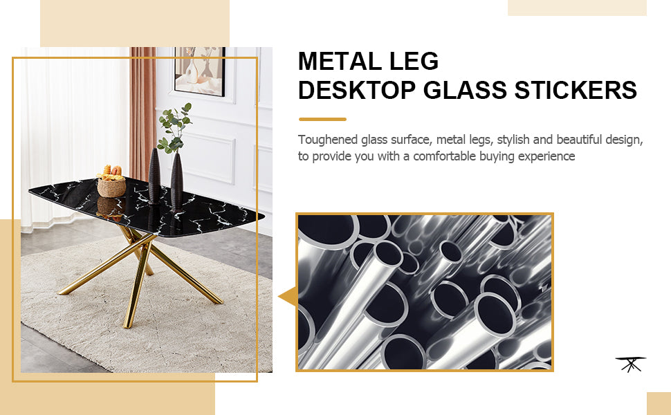 6-8 Seater Modern Kitchen Dining Table Rectangular Black Marble Table Top with Single Gold Metal Leg_24